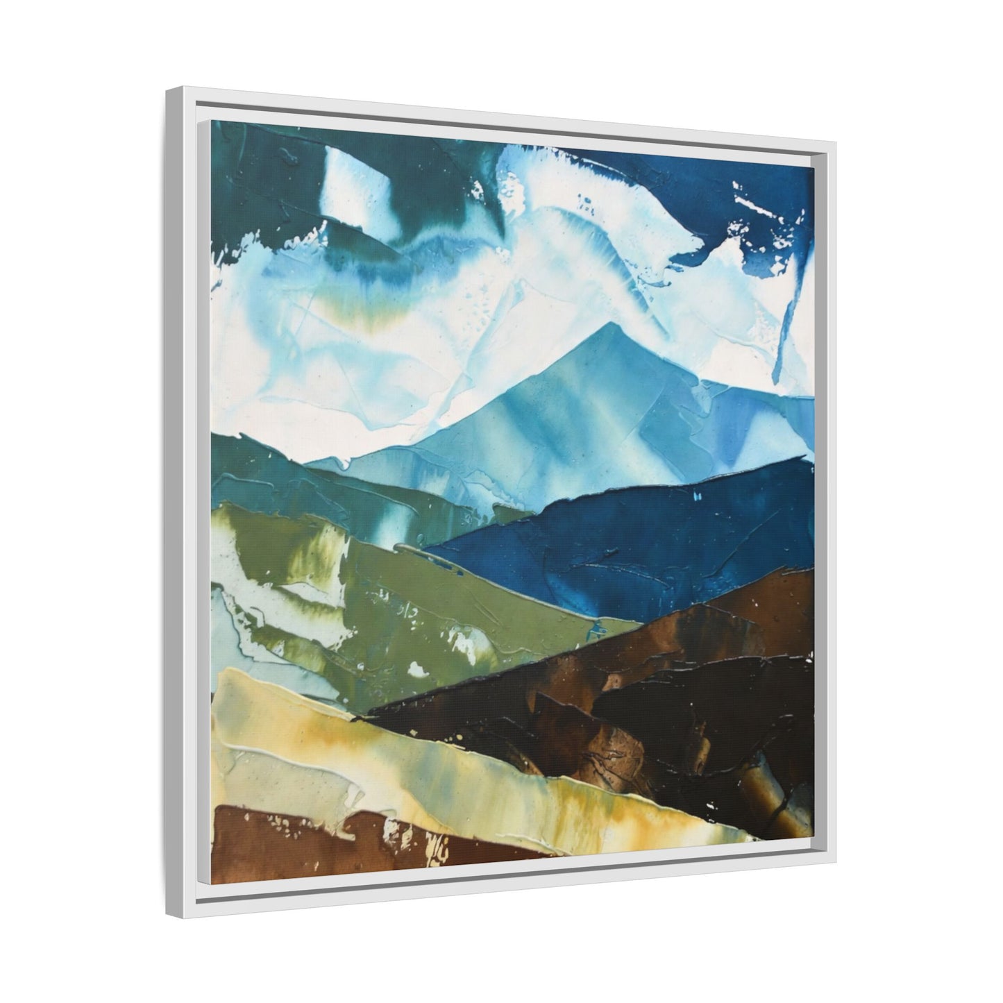 Framed Abstract Mountain Canvas Art — Blue & Earthtone Landscape Print