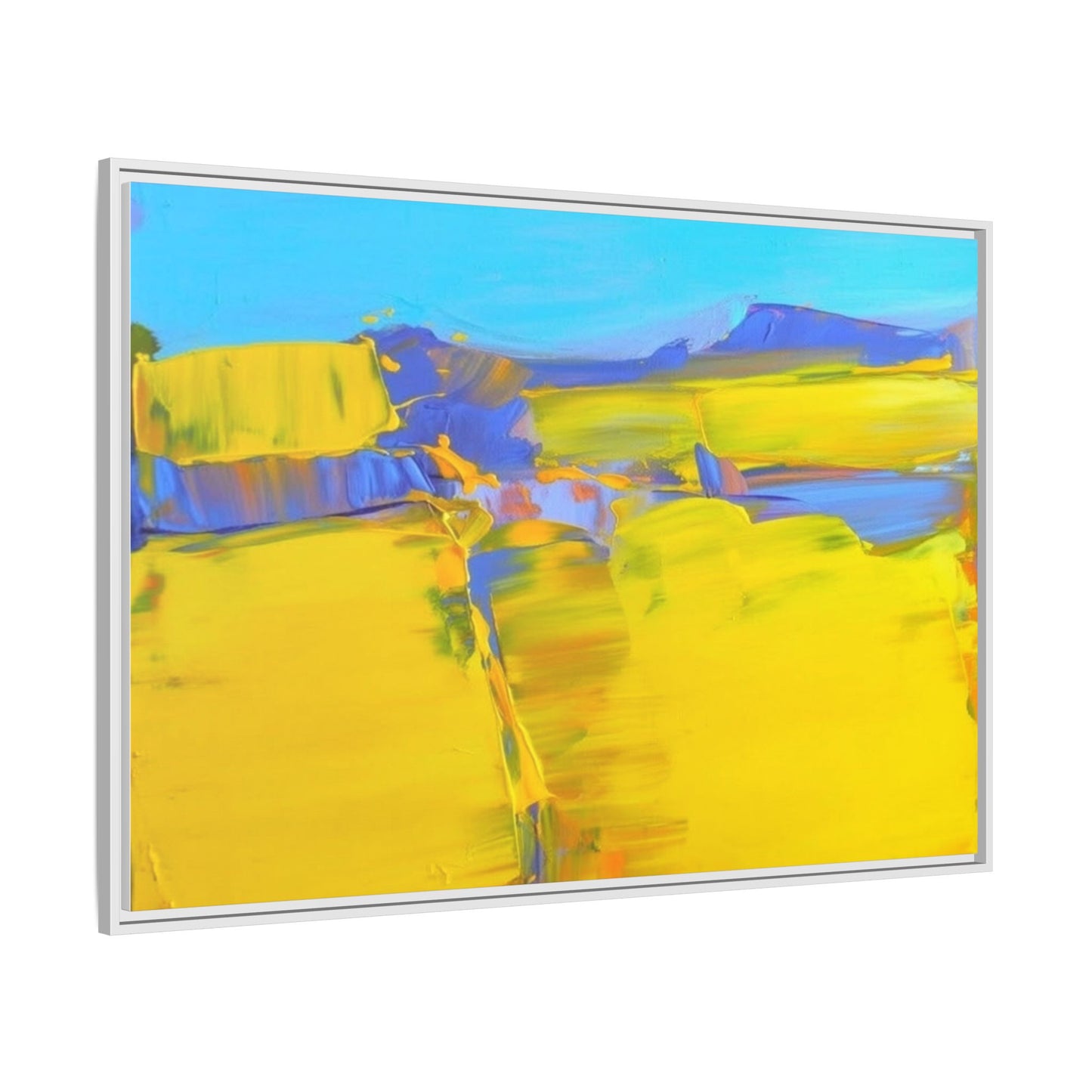 Framed Matte Canvas  Vibrant Yellow Blue Abstract Landscape Art