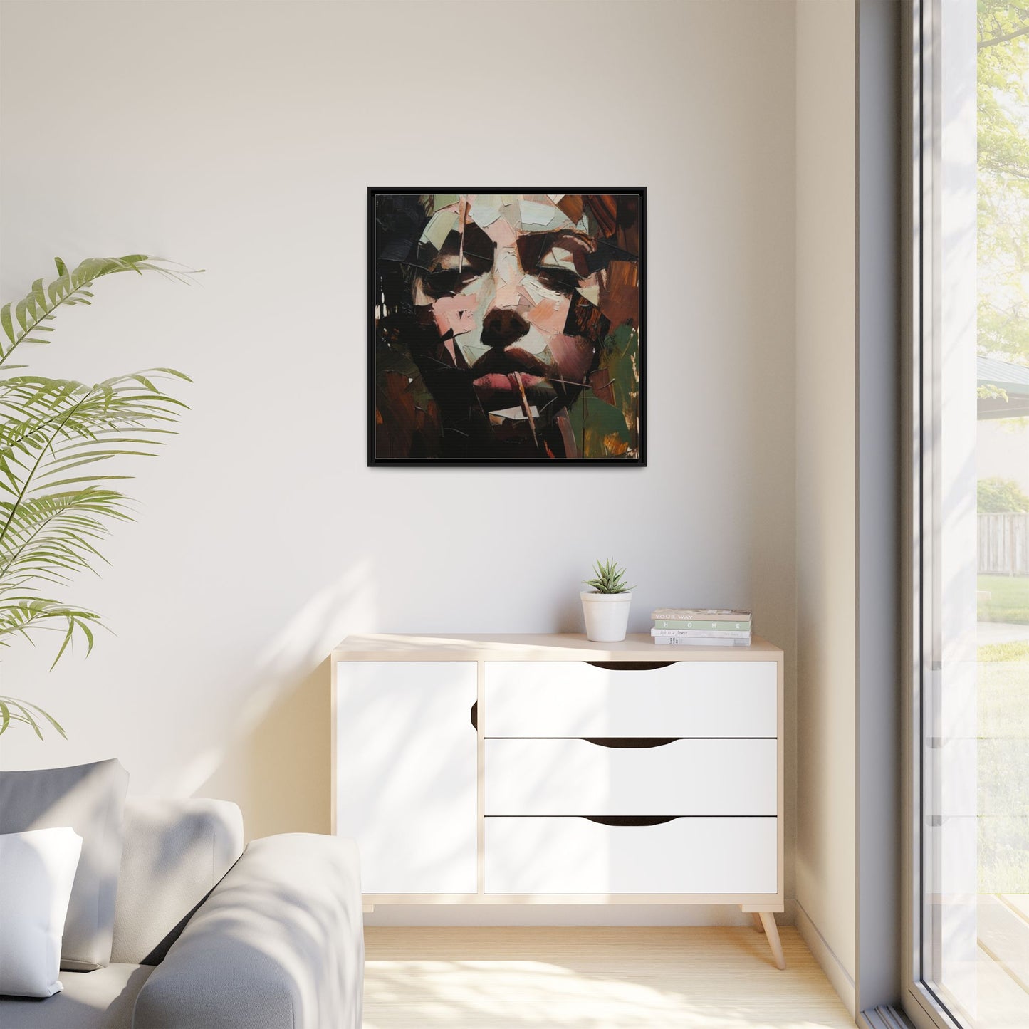 Matte Framed Canvas Art — Abstract Female Portrait, Moody Multicolor