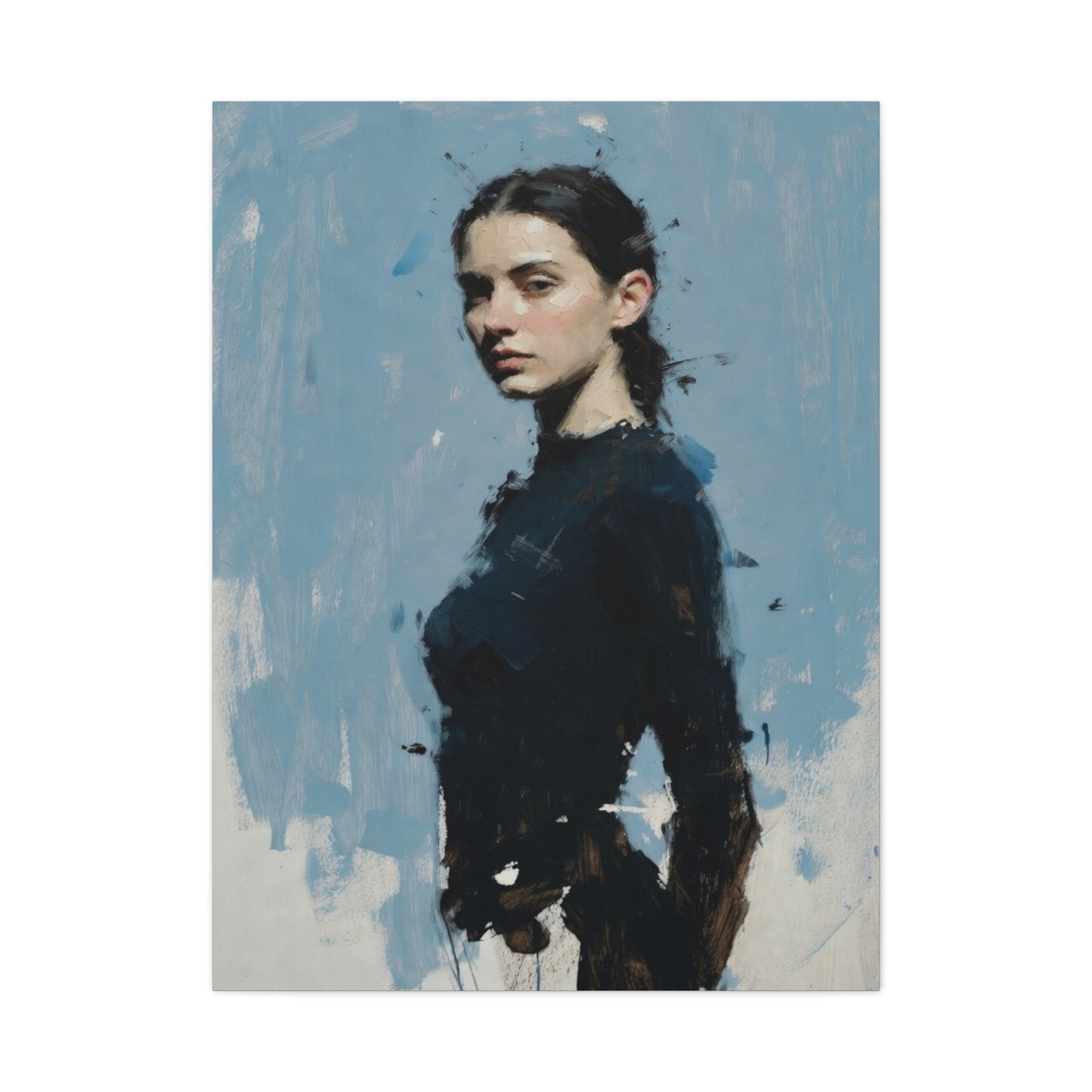 Matte Stretched Canvas Print — Portrait of a Young Woman, Moody Blue Figurative Art