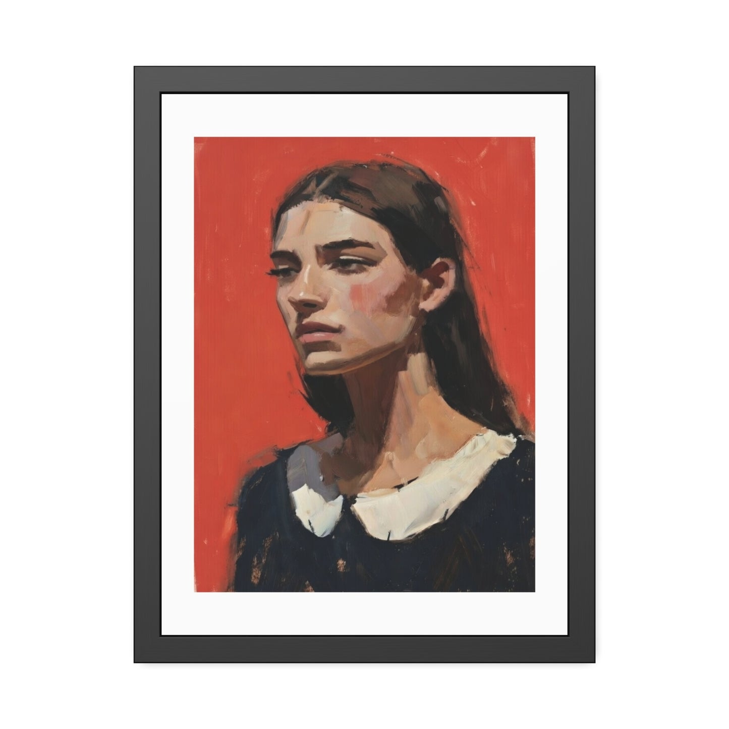 Framed Art Print — Distant Woman Portrait Painting on Red Background