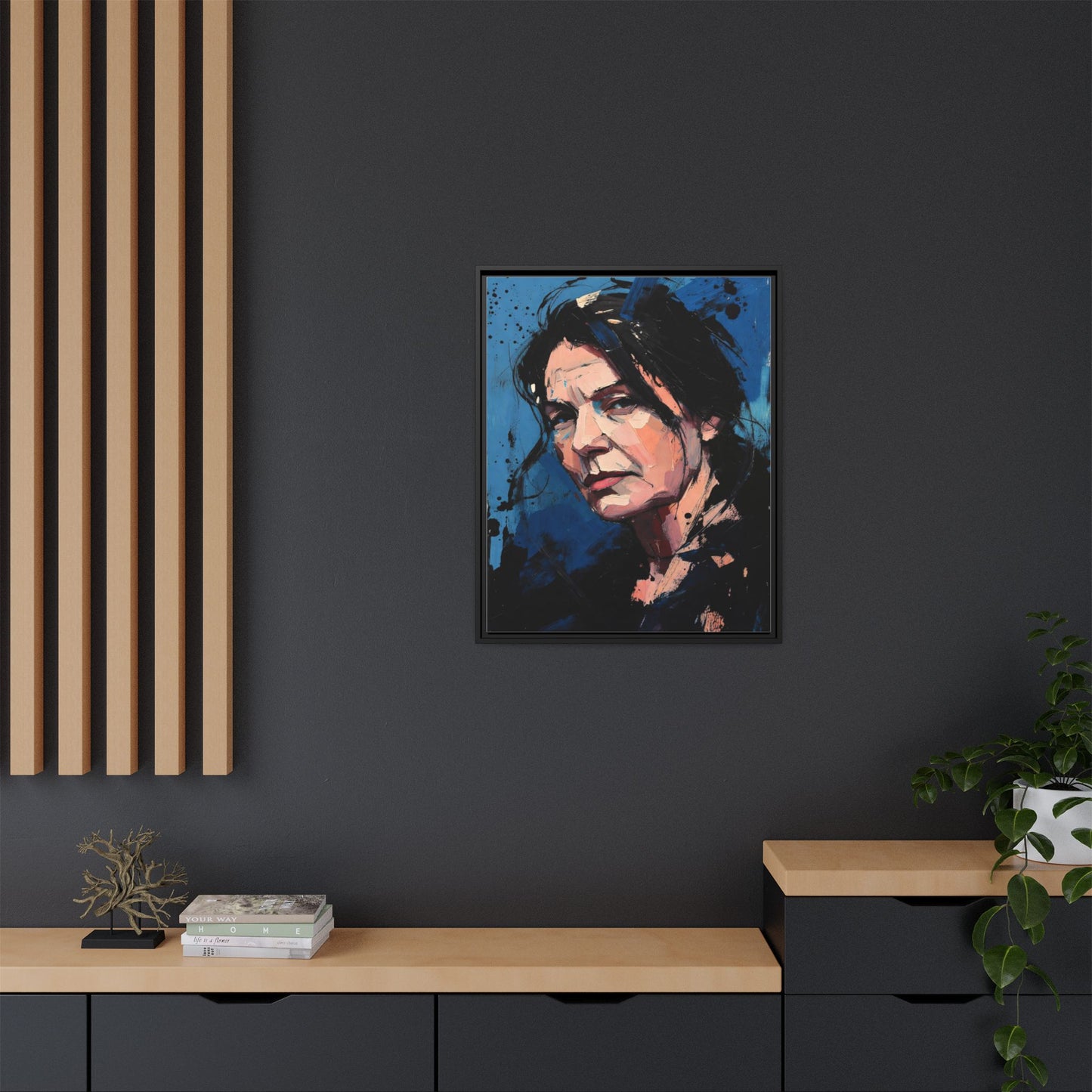 Framed Matte Canvas Portrait — Expressive Blue Painterly Woman Art