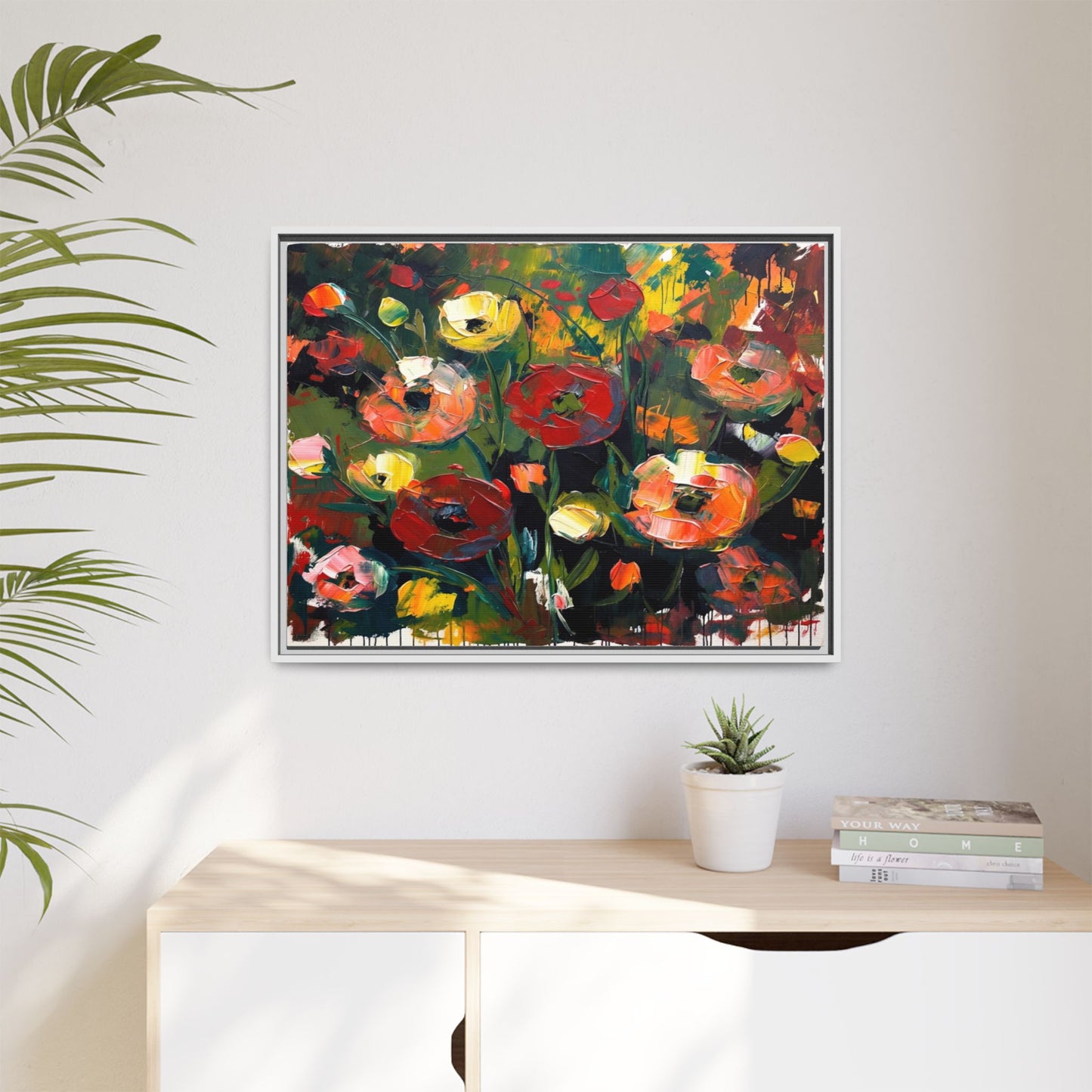 Framed Floral Canvas Print — Vibrant Abstract Poppies Wall Art
