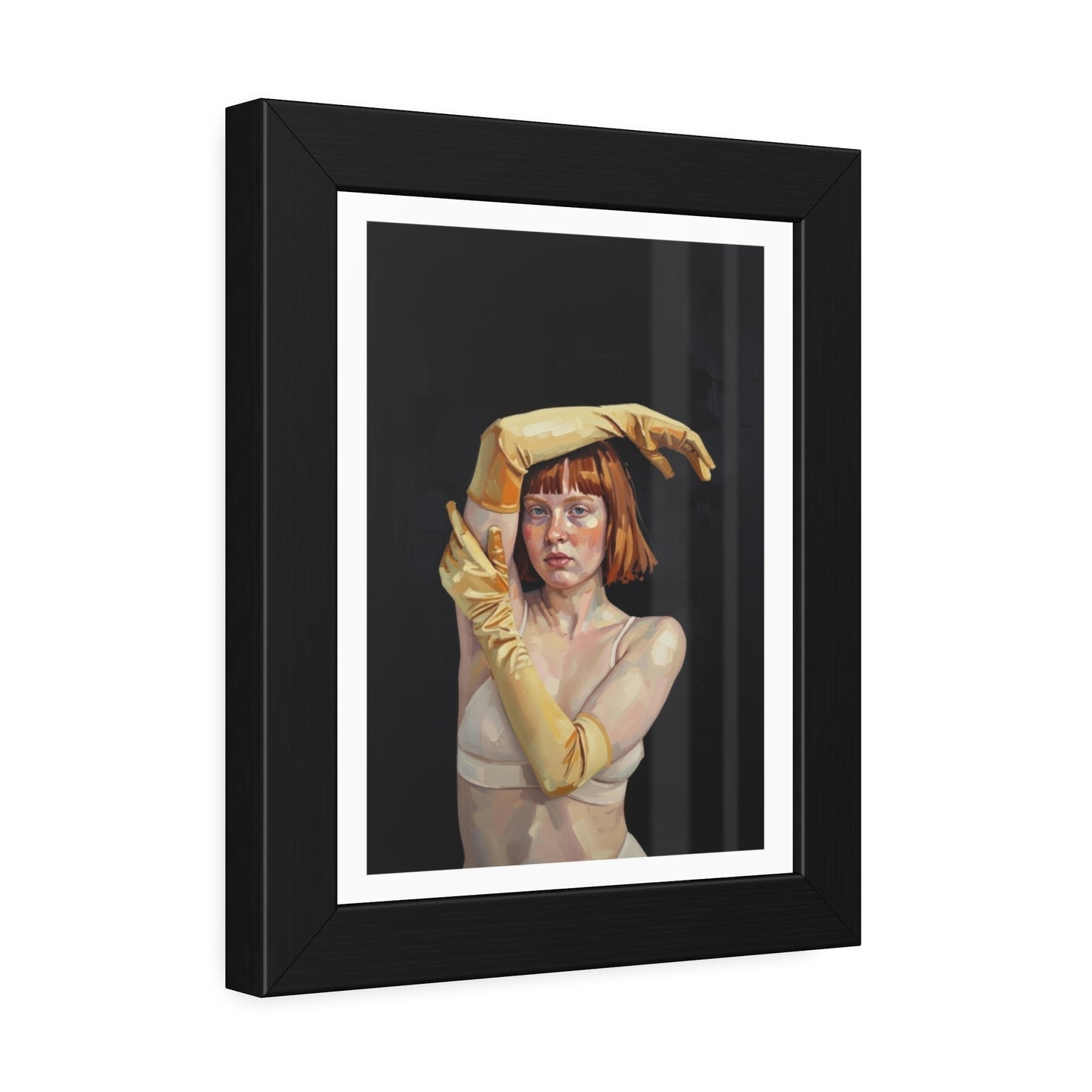 Framed Art Poster — Portrait of Redhead Woman in Yellow Gloves (Gallery Wall Print)