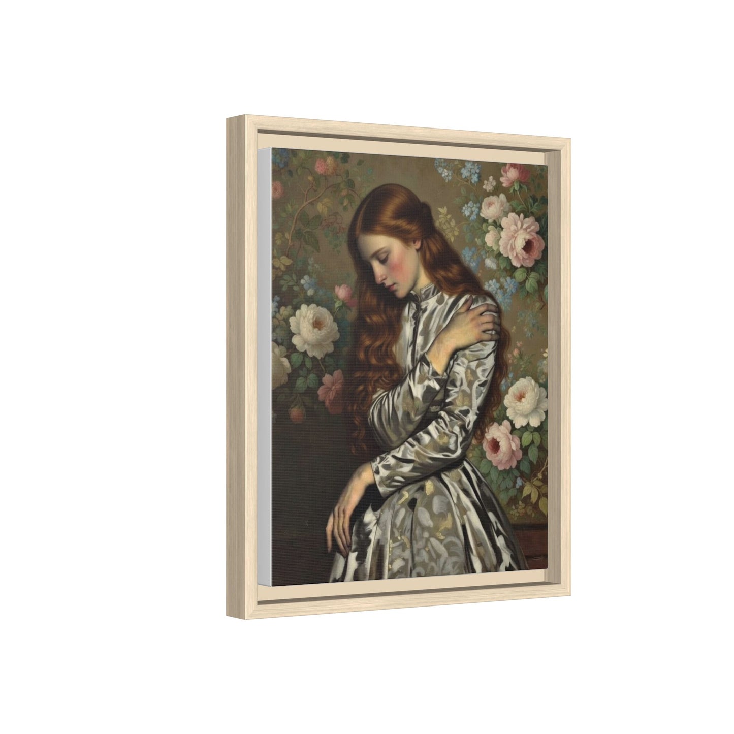 Framed Matte Canvas Art — Vintage Floral Portrait of a Young Woman
