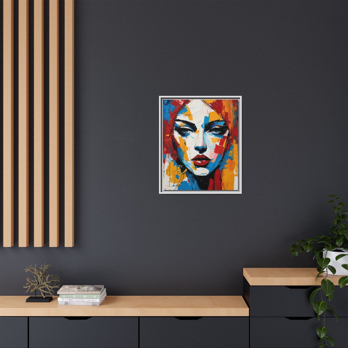 Framed Abstract Portrait Canvas — Colorful Female Face Wall Art