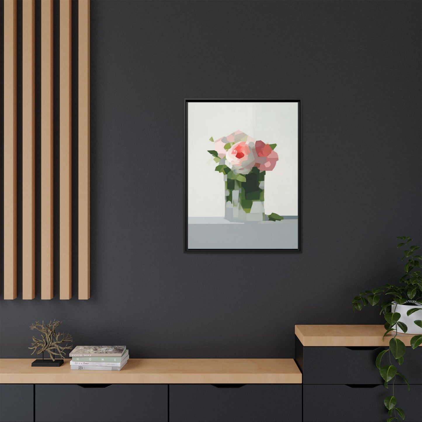 Framed Floral Canvas Print — Modern Pink Roses Still Life