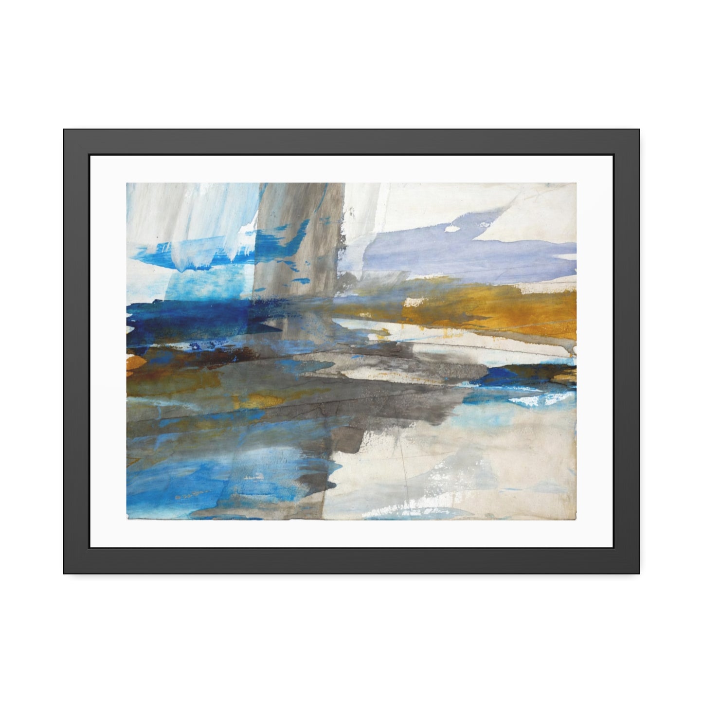 Abstract Coastal Waterscape Framed Poster — Blue & Gold Modern Wall Art