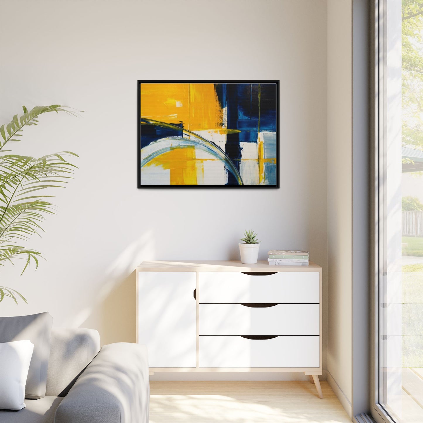 Abstract Yellow & Blue Framed Canvas Wall Art — Modern Matte Canvas Print