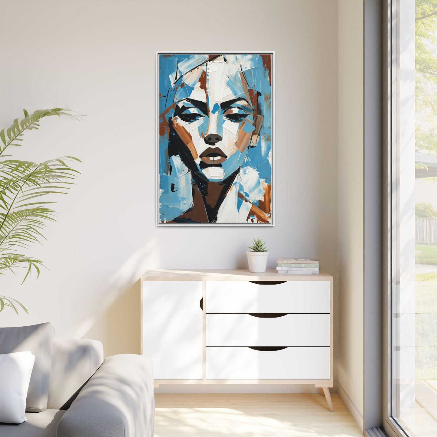 Abstract Blue Face Matte Canvas Wall Art — Framed Modern Portrait Print