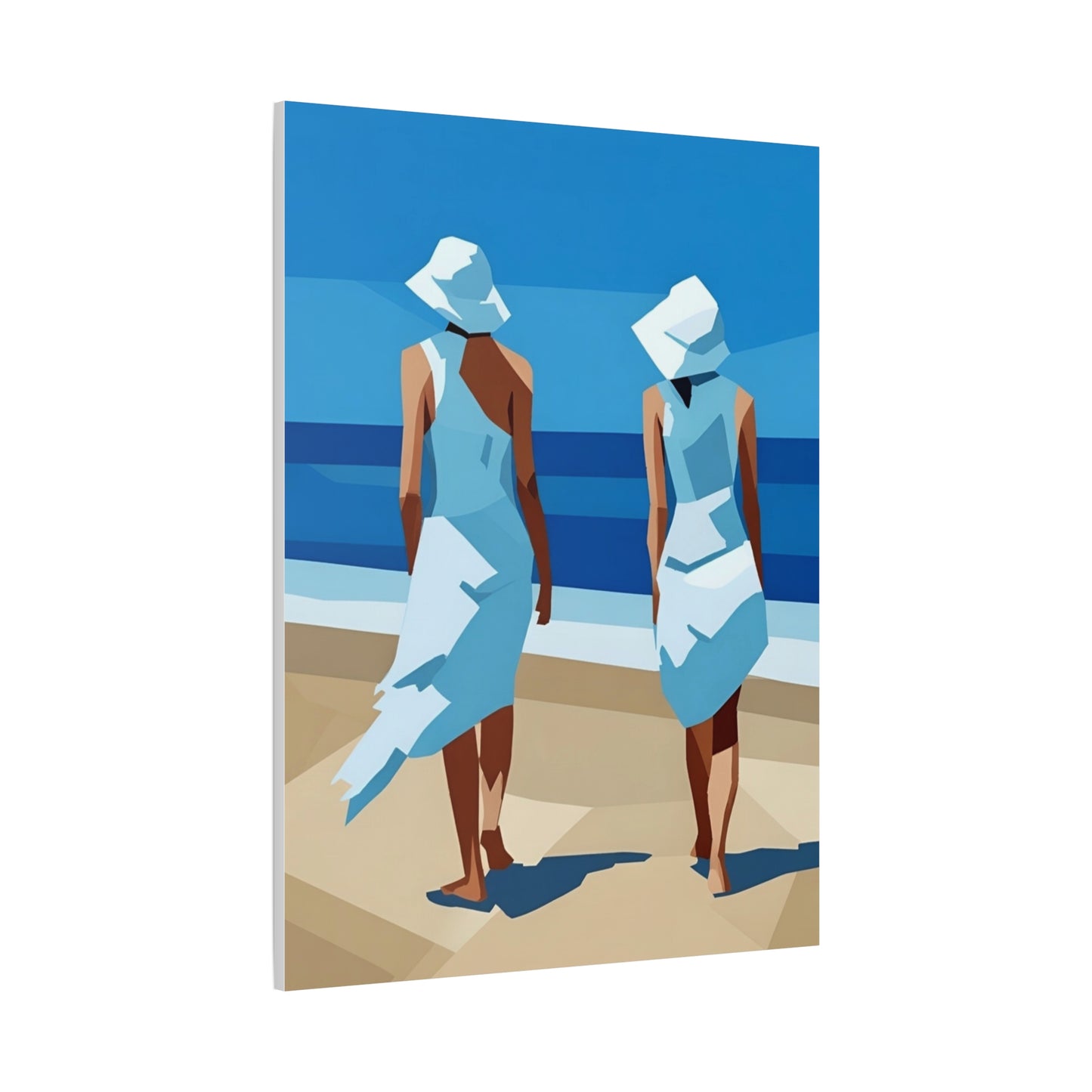 Beach Stroll Canvas Print — Two Women in Blue Sun Hats Matte Stretched