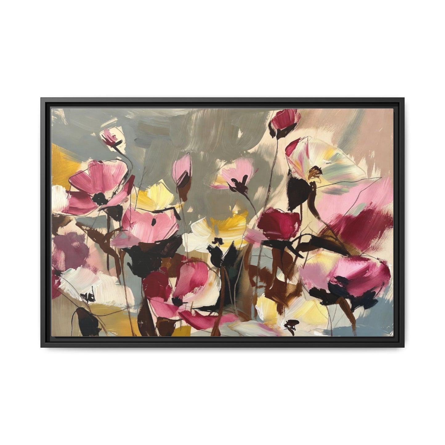 Framed Floral Canvas Wall Art — Abstract Pink & Yellow Flowers