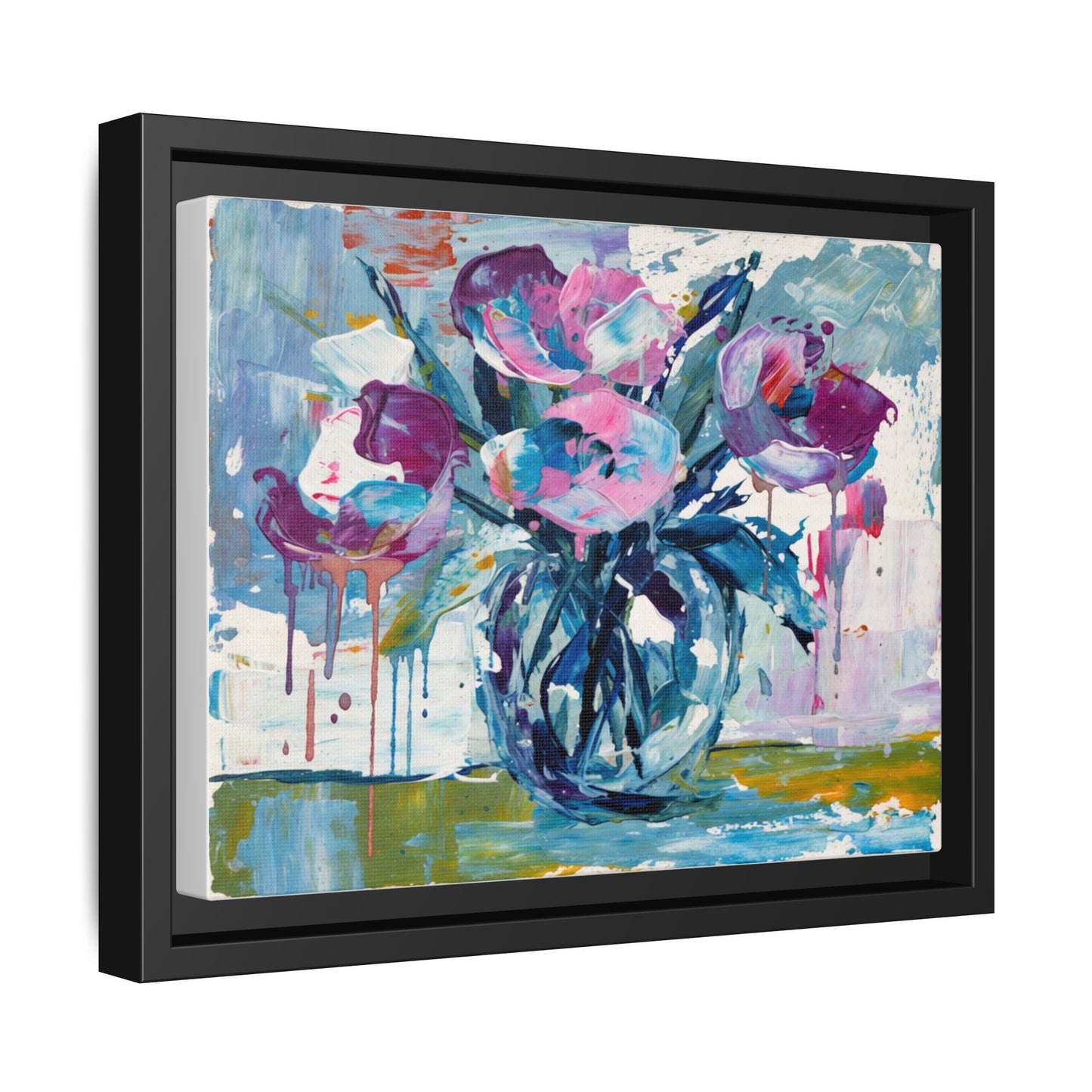 Framed Floral Canvas Art — Abstract Pink & Blue Bouquet