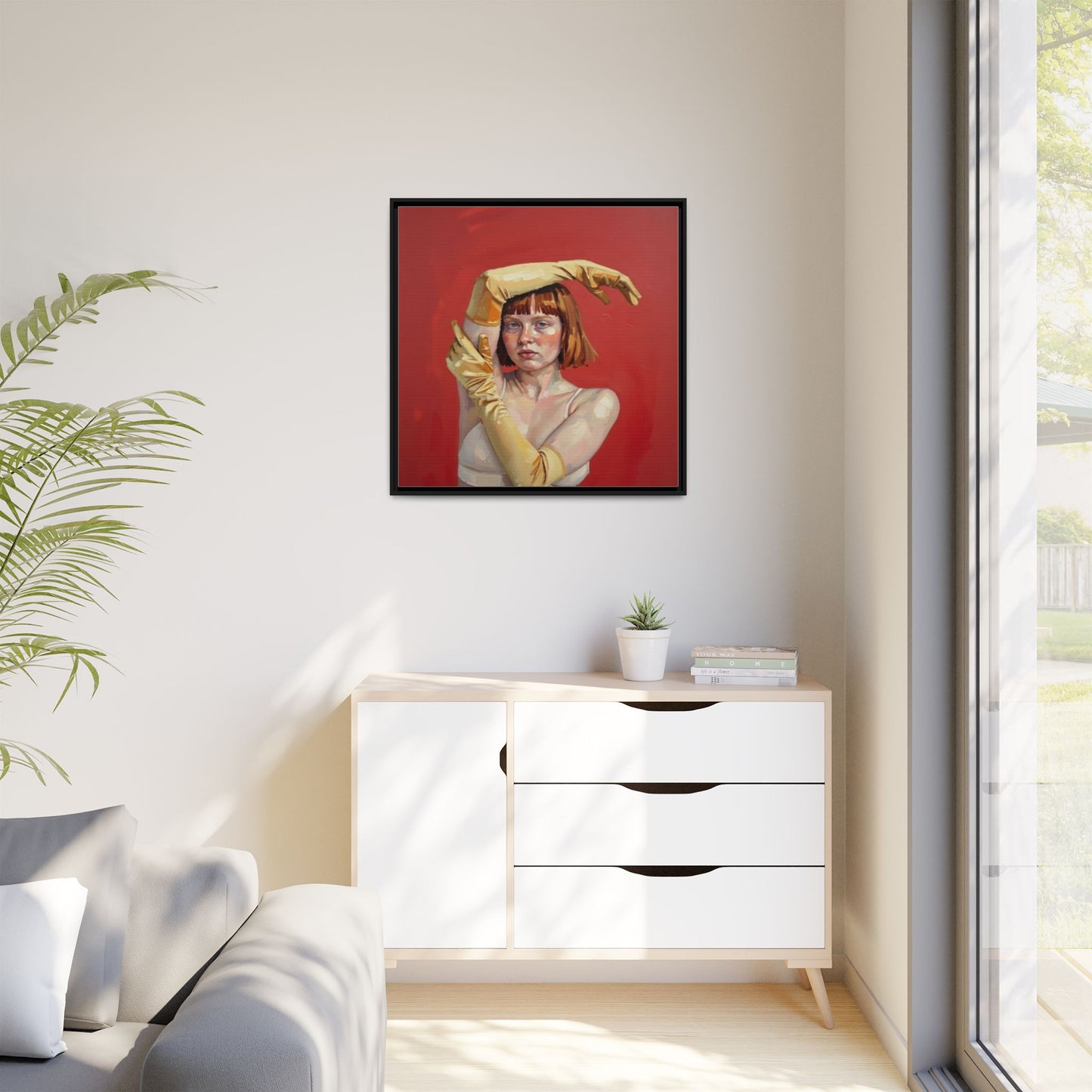 Framed Matte Canvas Art - Portrait of Woman in Yellow Gloves (Red Background)