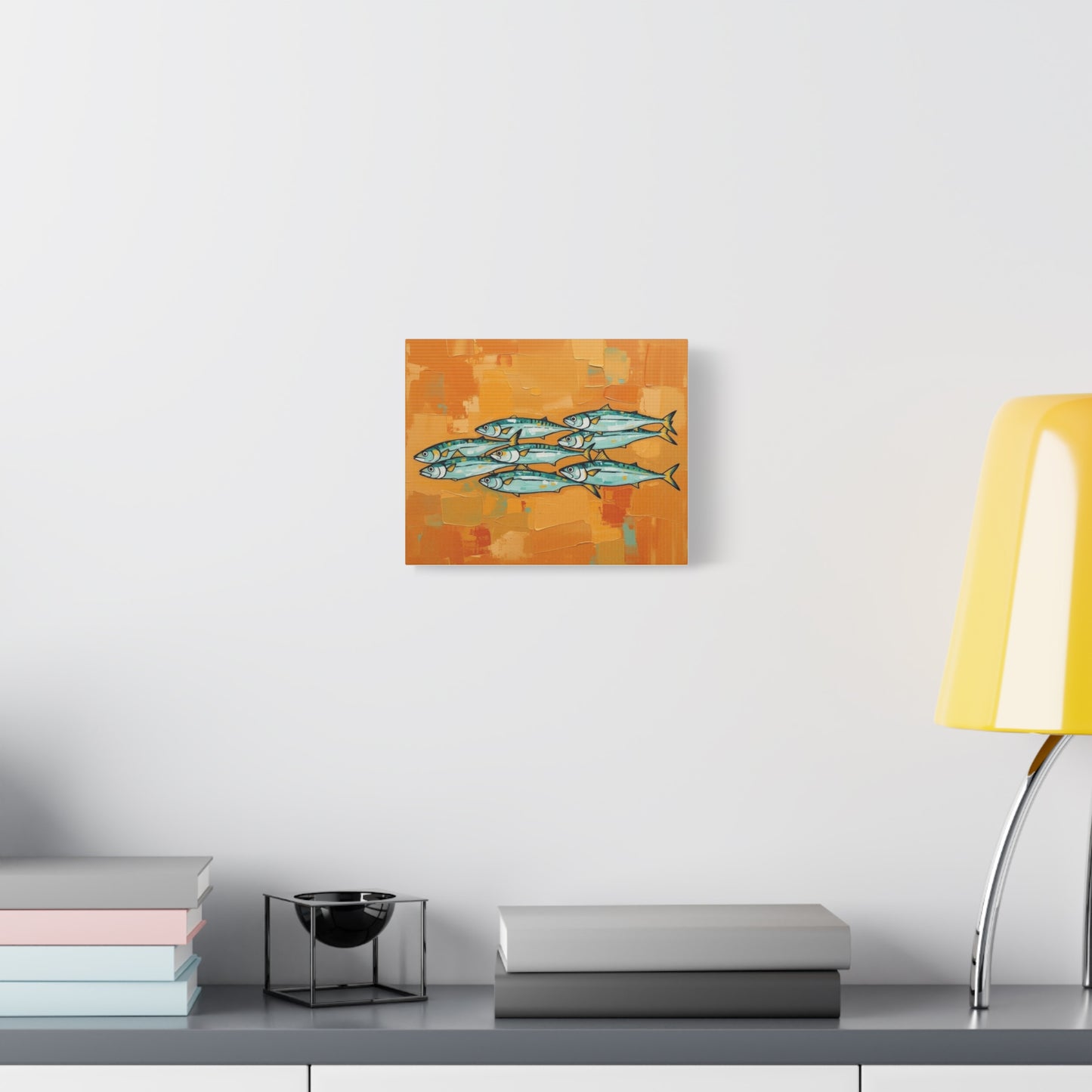 School of Mackerel Canvas Wall Art — Nautical Fish Painting on Orange Background