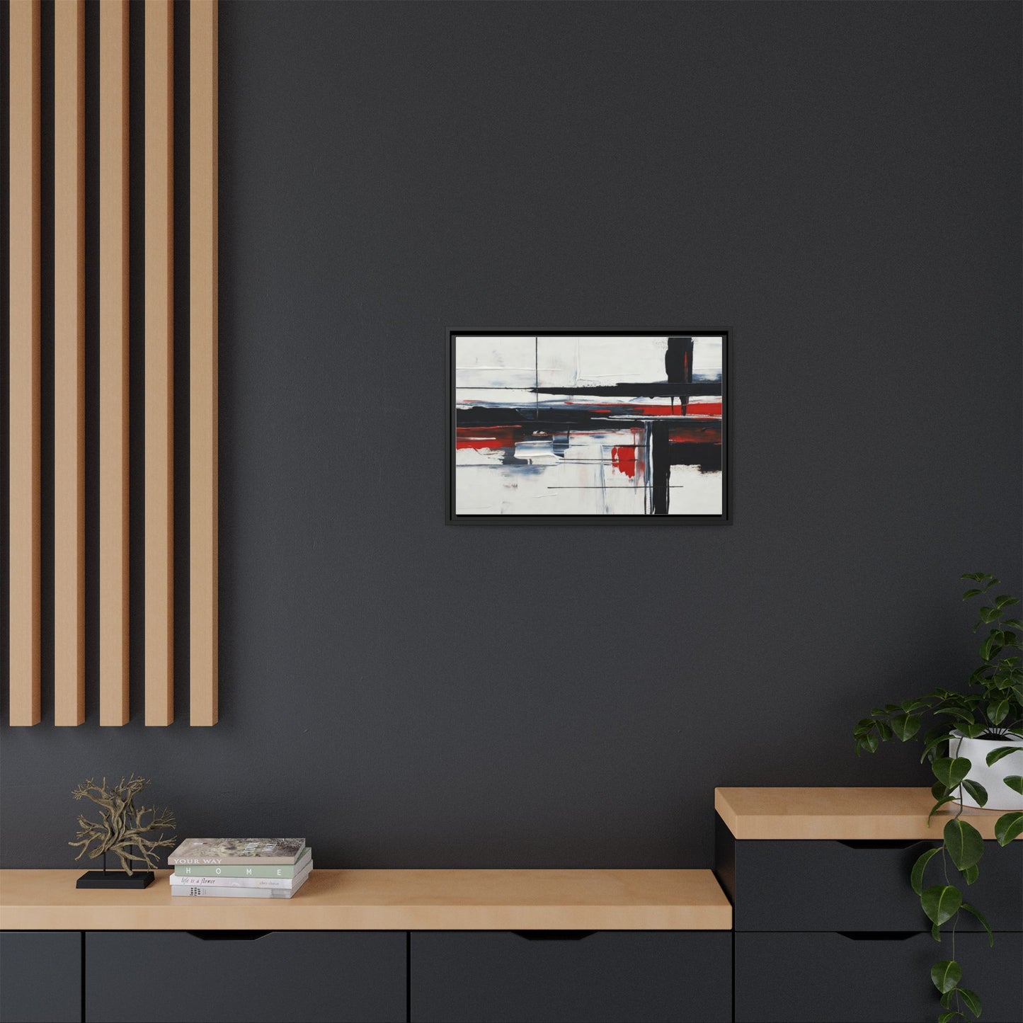 Abstract Red & Black Framed Canvas Art — Modern Matte Wall Painting