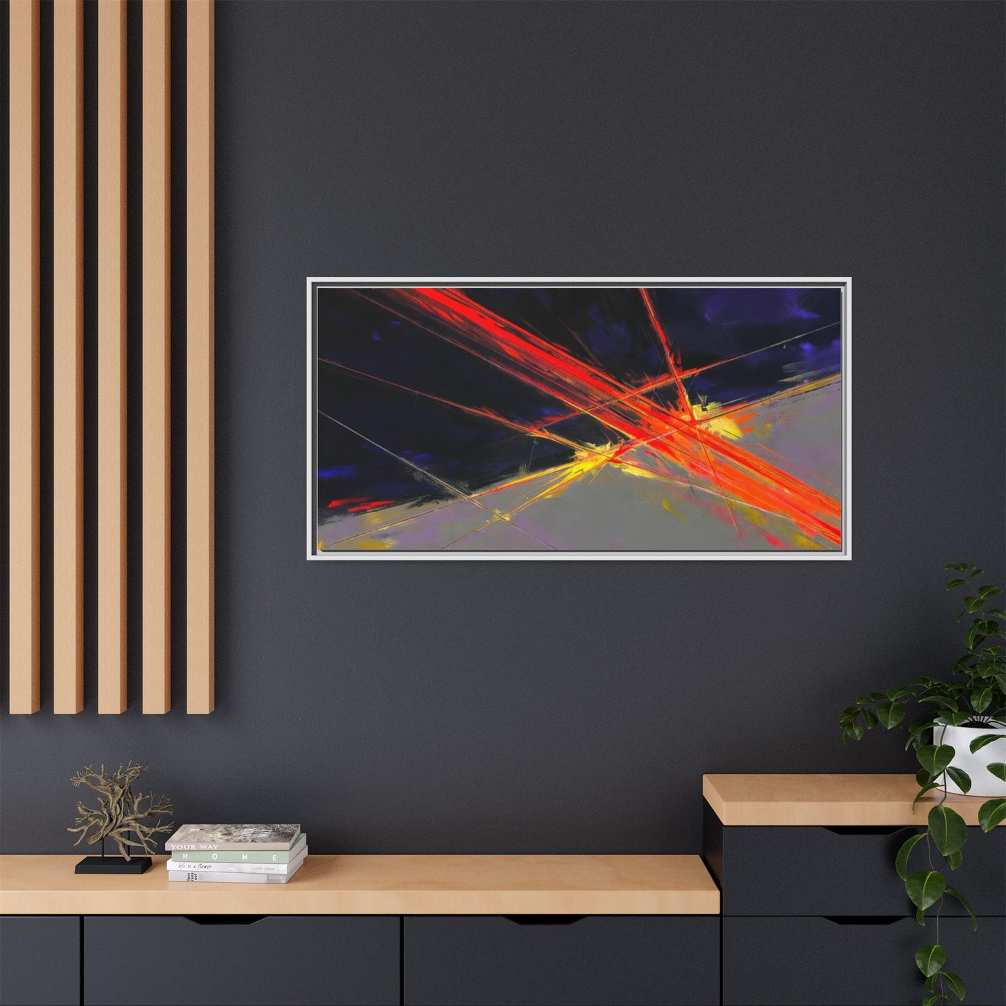 Abstract Red Streaks Framed Matte Canvas Art — Modern Multi‑Color Wall Decor