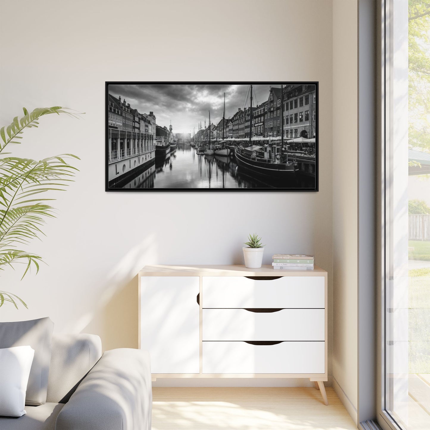 Framed Matte Canvas: Black & White Dutch Canal Photography Wall Art