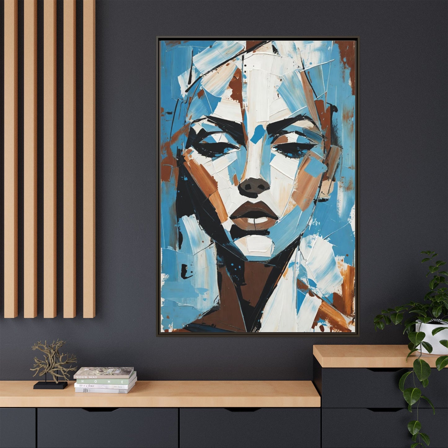 Abstract Blue Face Matte Canvas Wall Art — Framed Modern Portrait Print