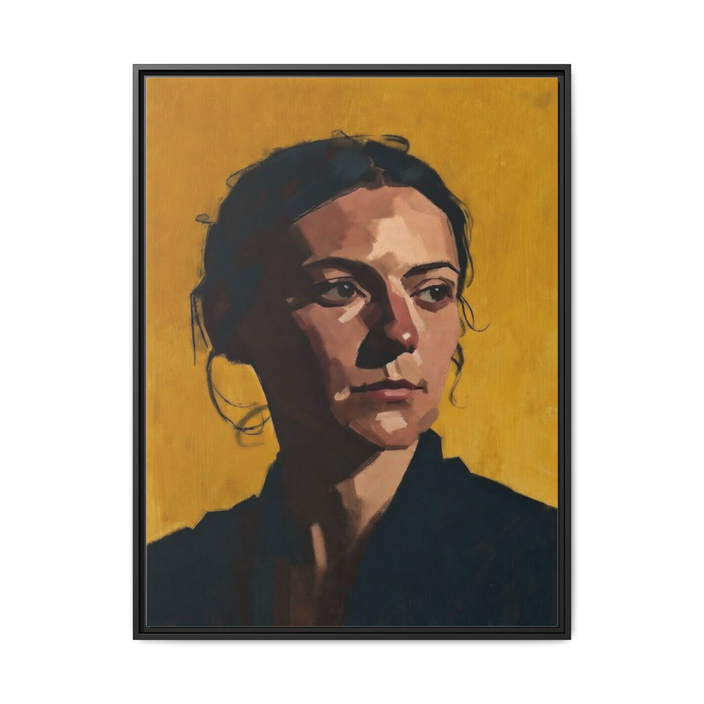 Framed Matte Canvas Portrait Art — Moody Woman on Mustard Background