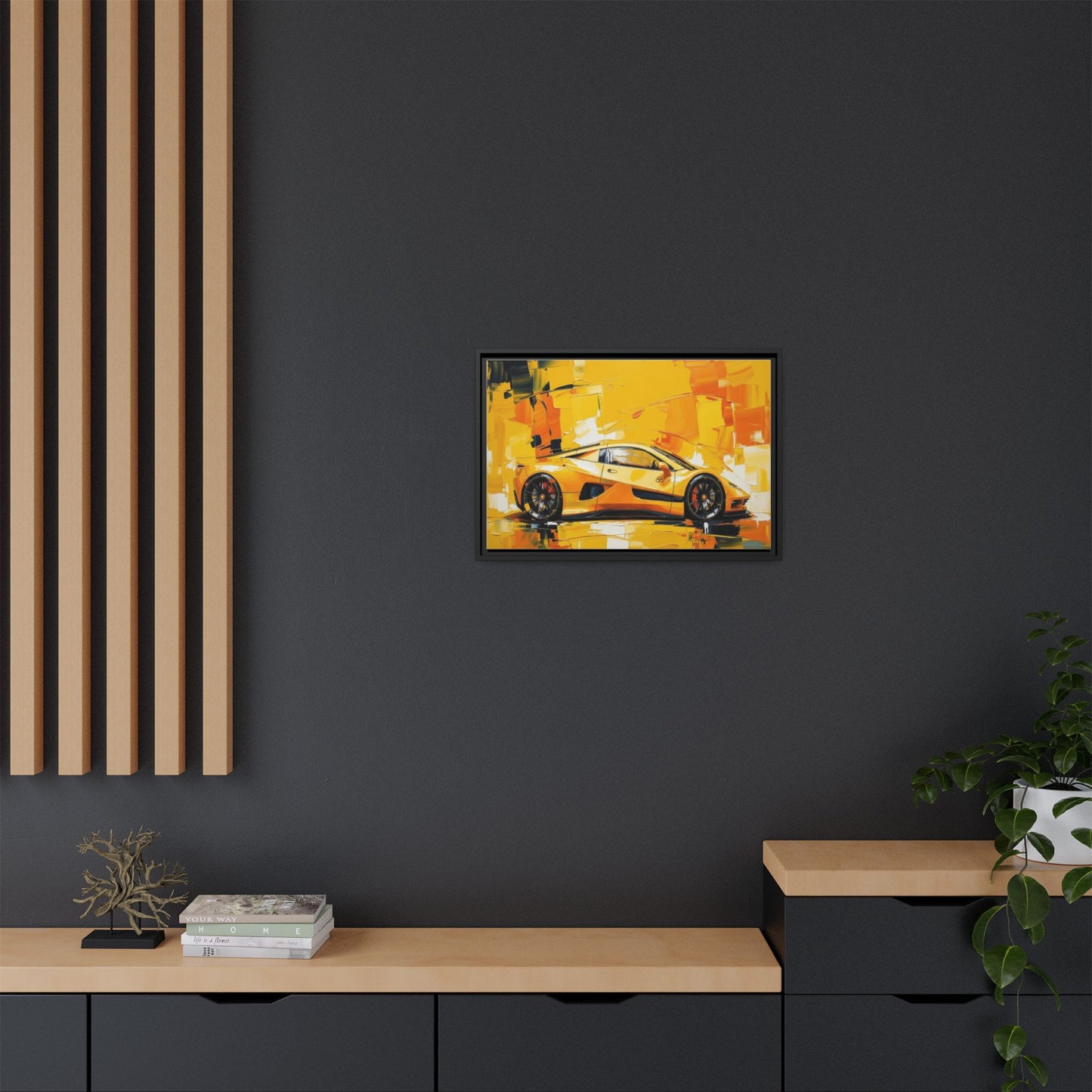 Yellow Sports Car Abstract Matte Canvas Framed Print