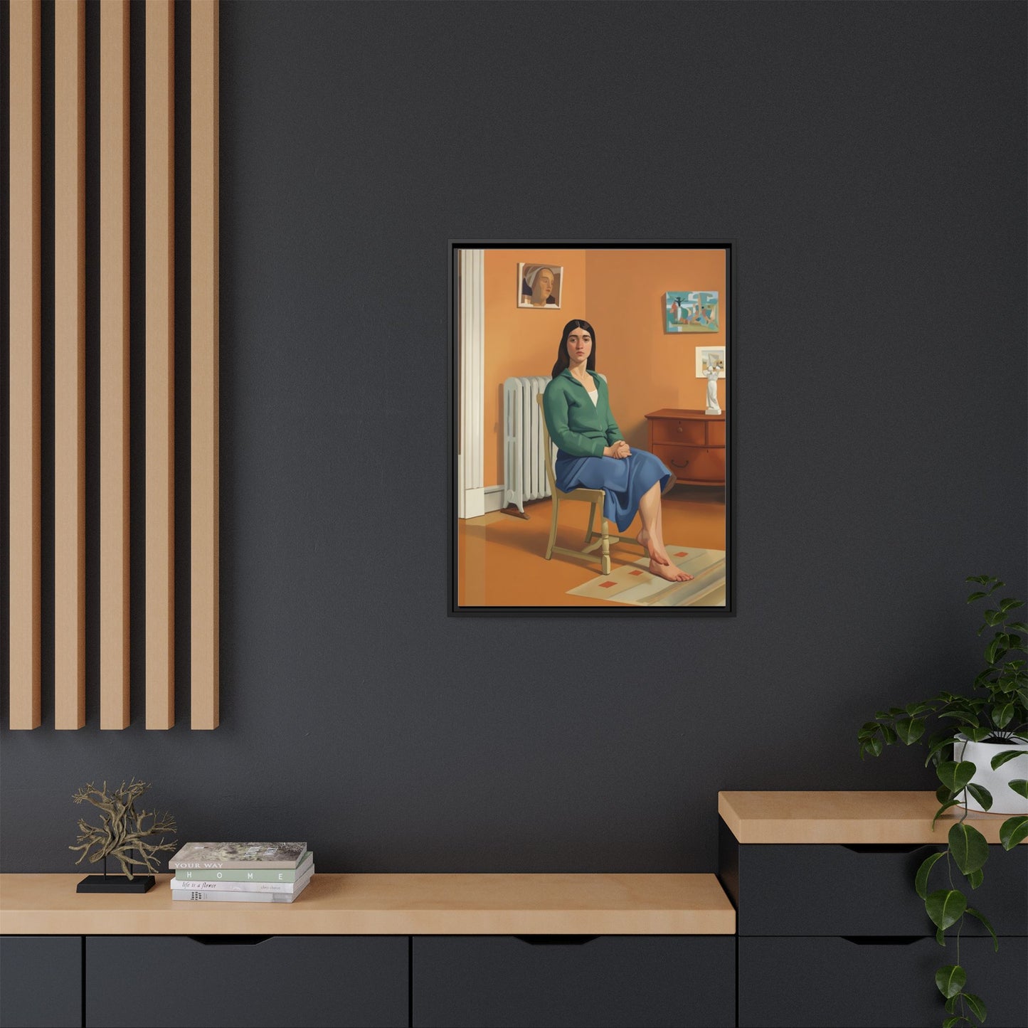 Framed Matte Canvas Print — Woman Seated in Warm Interior (Midcentury Portrait)