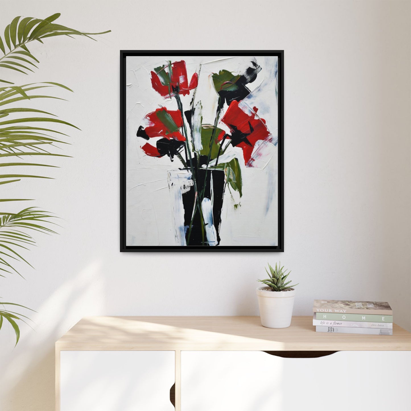 Framed Abstract Floral Canvas Print — Red Poppies in Black Vase
