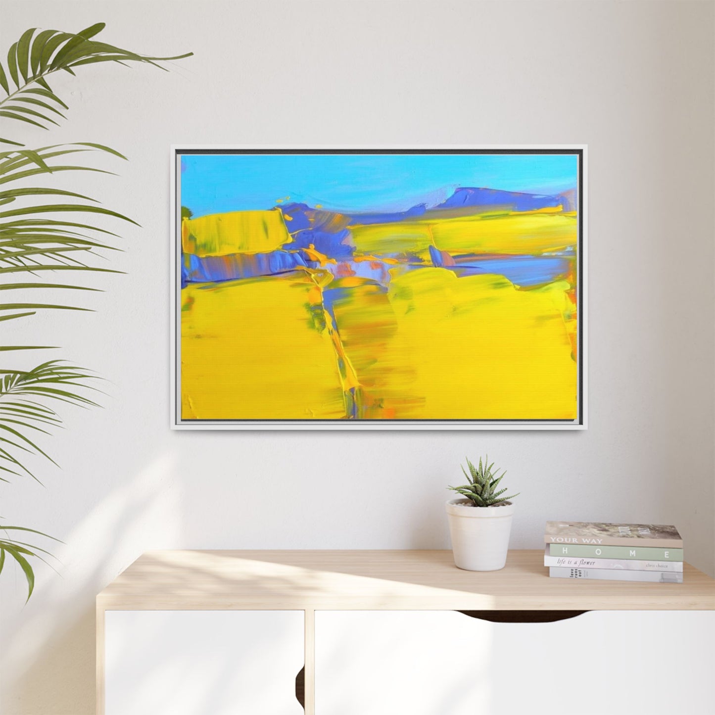 Framed Matte Canvas  Vibrant Yellow Blue Abstract Landscape Art