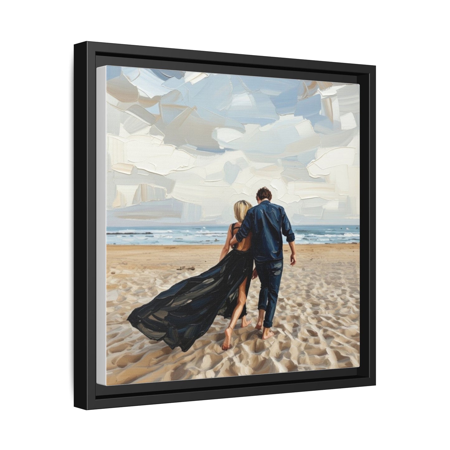 Framed Canvas Wall Art — Romantic Couple Walking on Beach Print