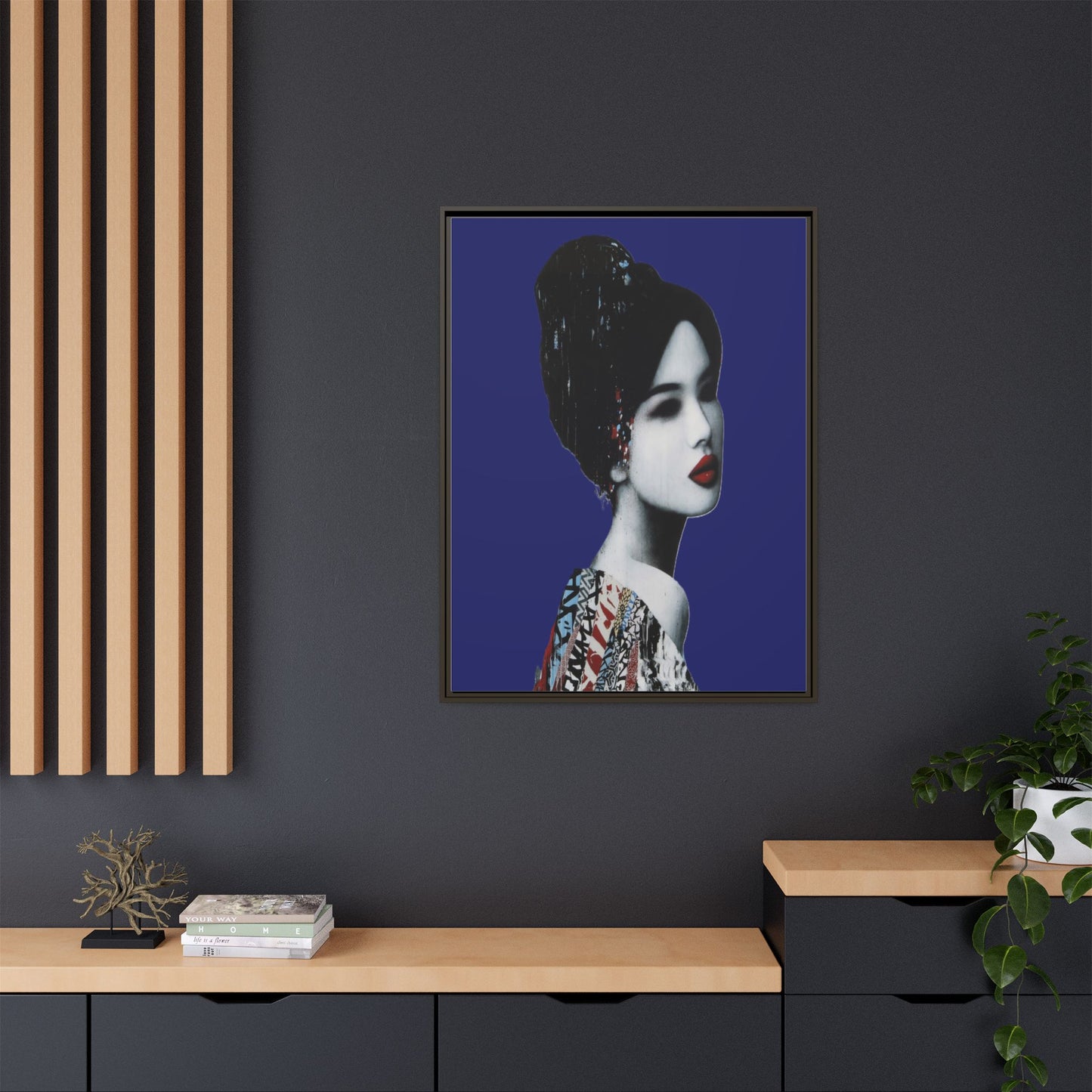 Framed Matte Canvas Art — Elegant Geisha Portrait on Deep Blue