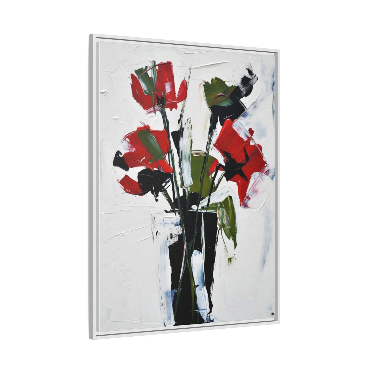 Framed Abstract Floral Canvas Print — Red Poppies in Black Vase