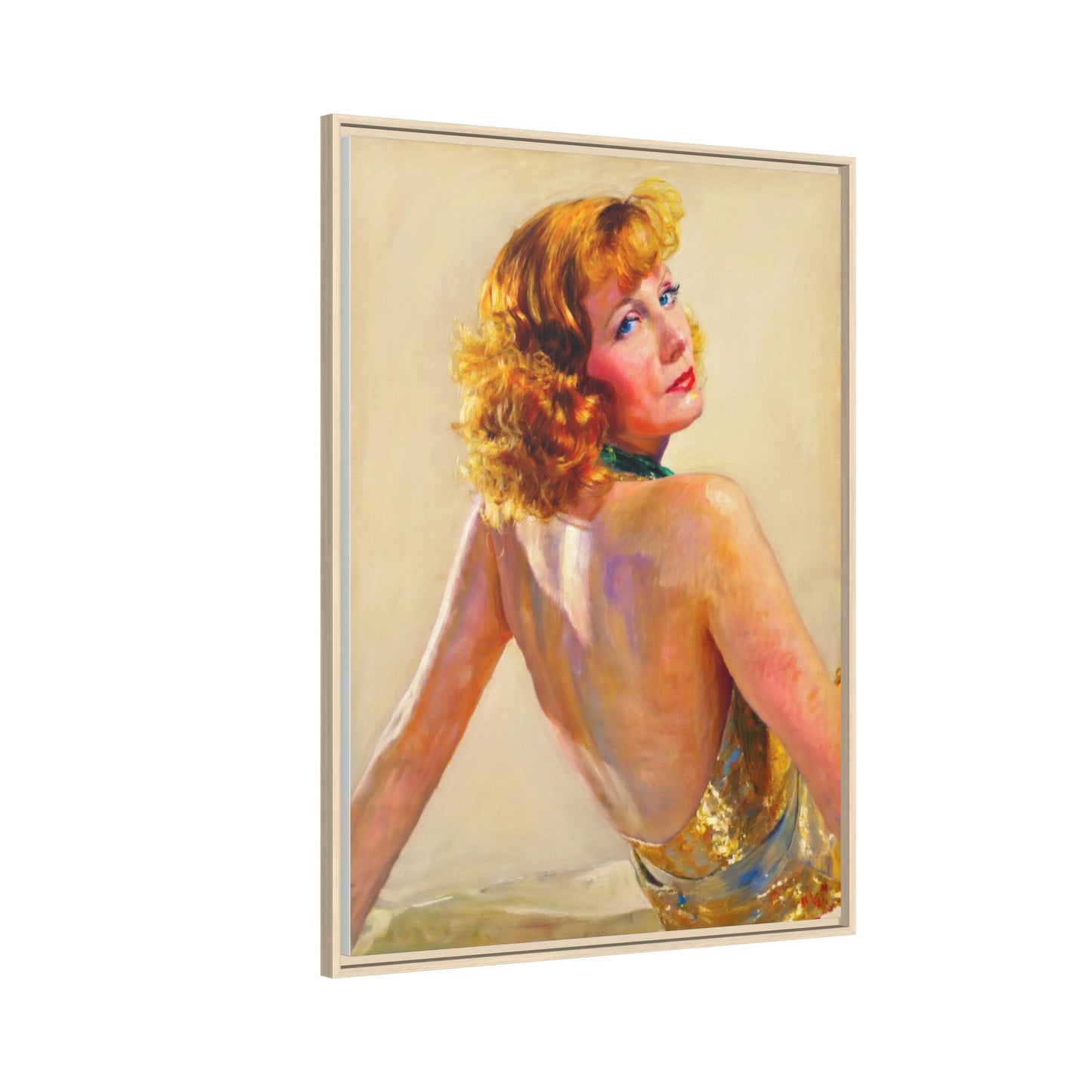 Framed Matte Canvas Print — Vintage Portrait of Redhead Greta Garbo in Gold Dress