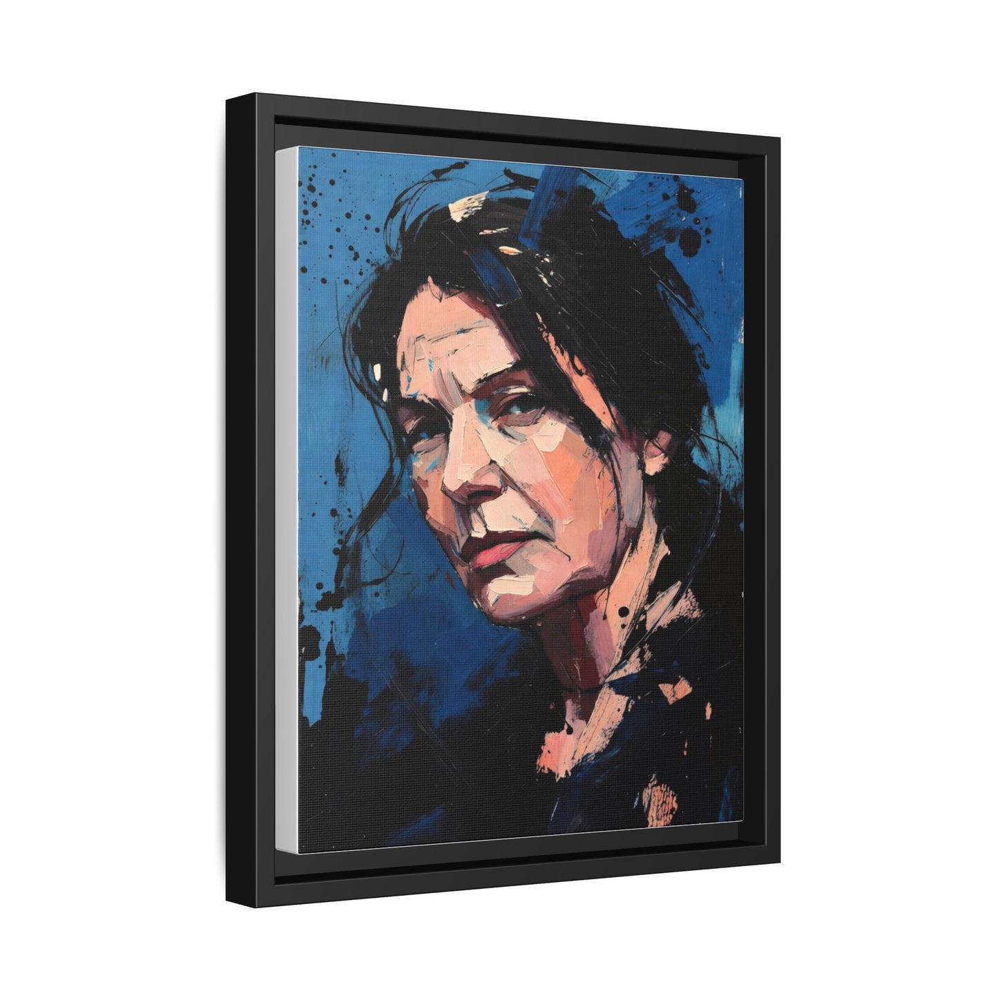 Framed Matte Canvas Portrait — Expressive Blue Painterly Woman Art