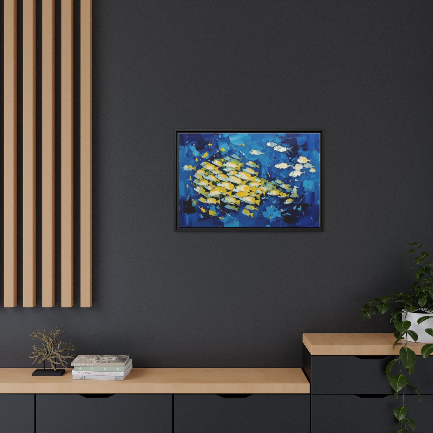 Framed Matte Canvas: Blue School of Fish Wall Art