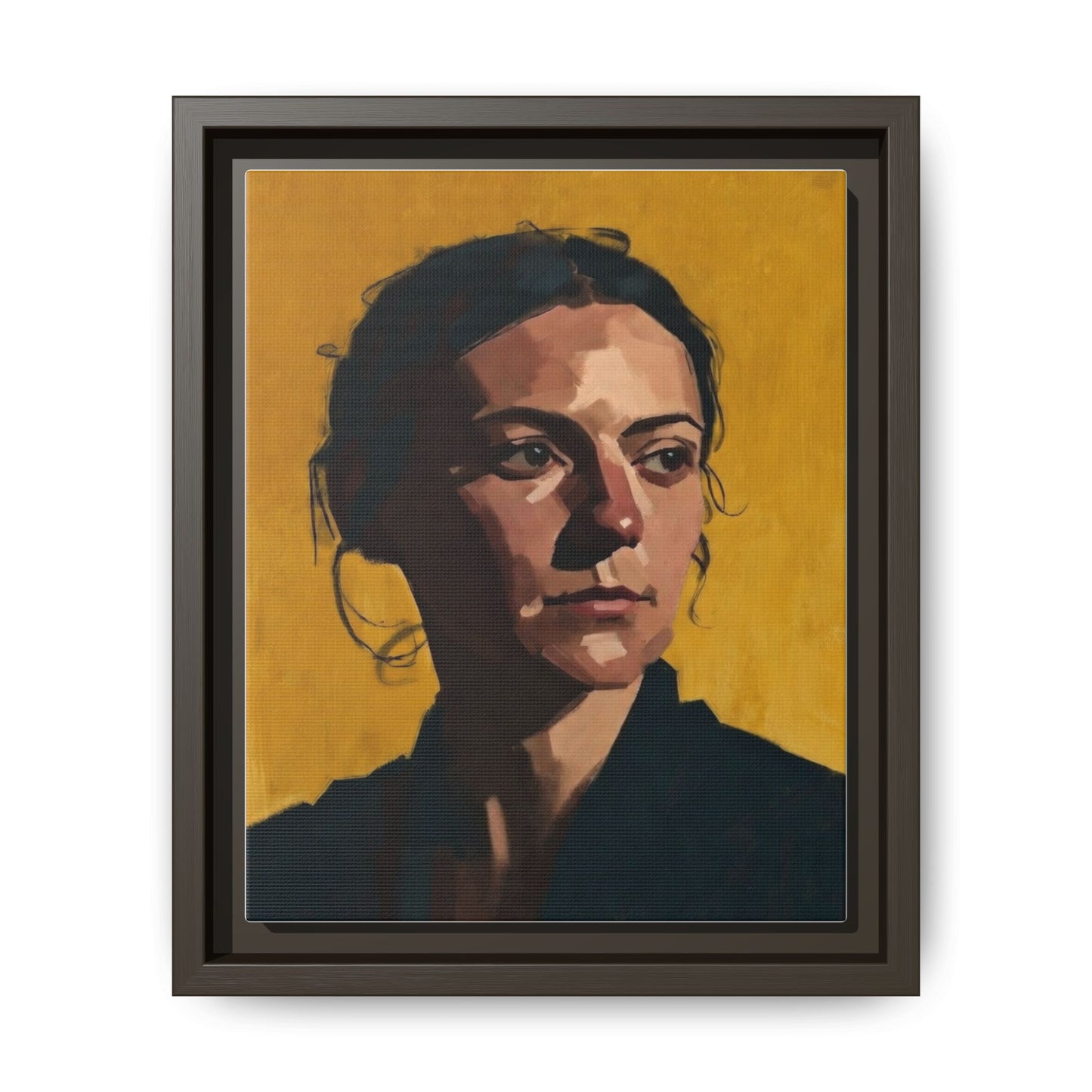 Framed Matte Canvas Portrait Art — Moody Woman on Mustard Background