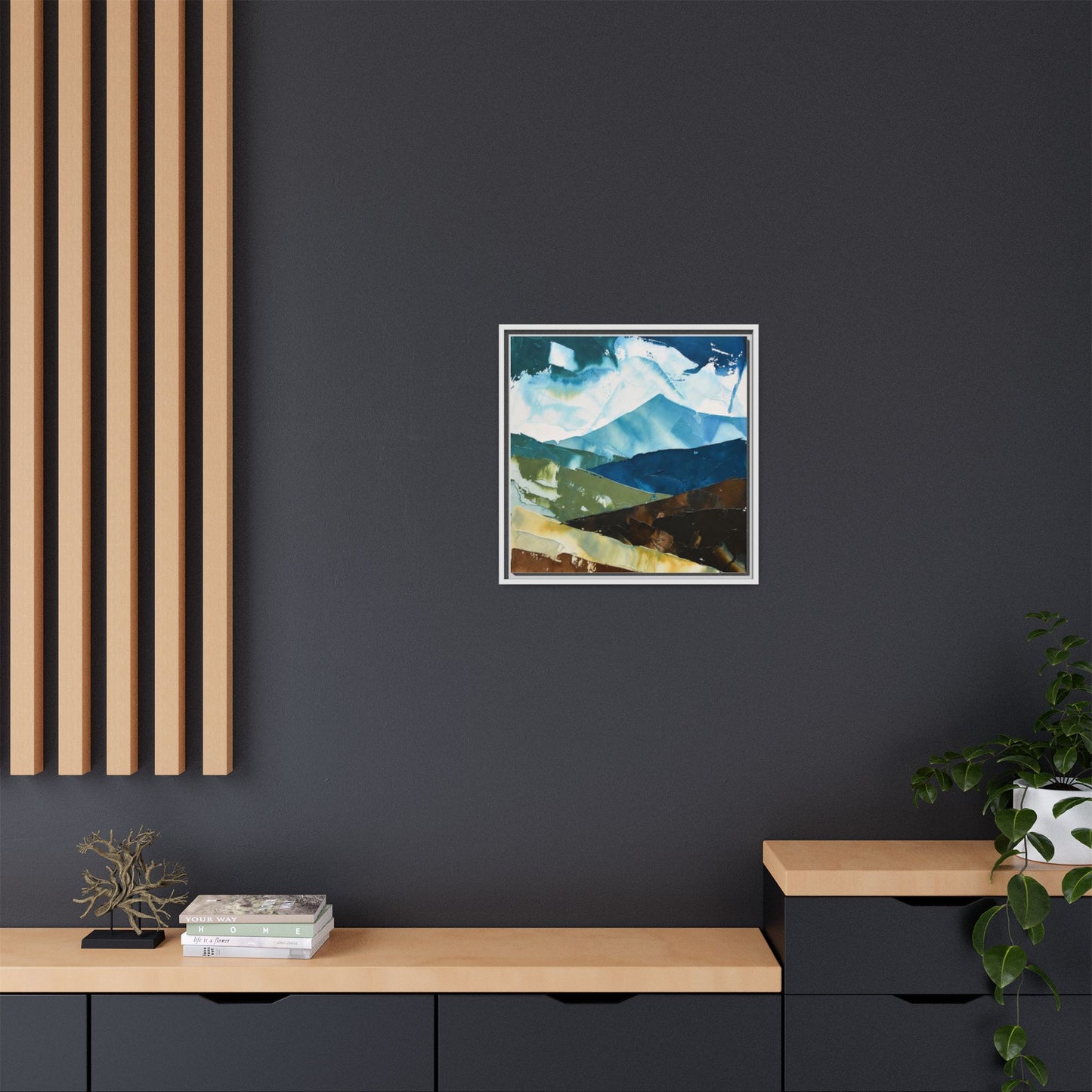 Framed Abstract Mountain Canvas Art — Blue & Earthtone Landscape Print