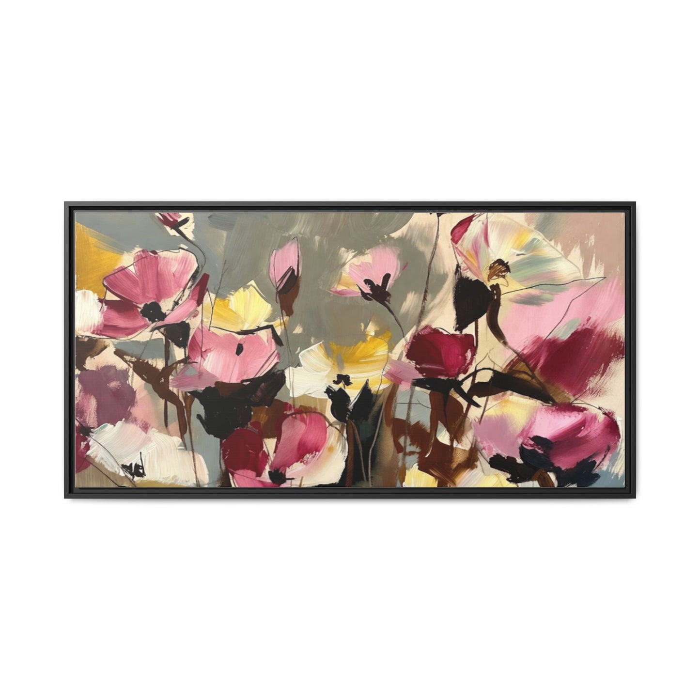 Framed Floral Canvas Wall Art — Abstract Pink & Yellow Flowers