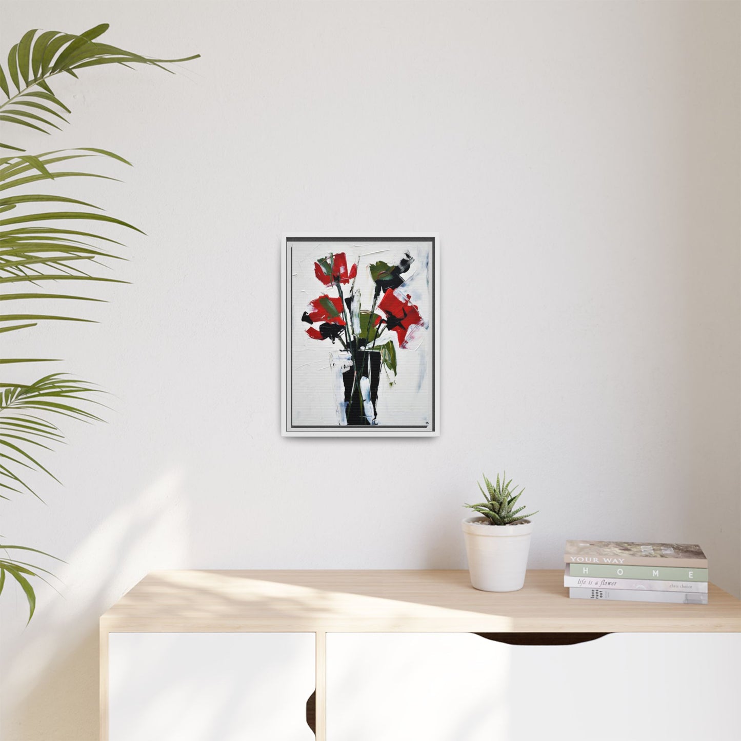 Framed Abstract Floral Canvas Print — Red Poppies in Black Vase