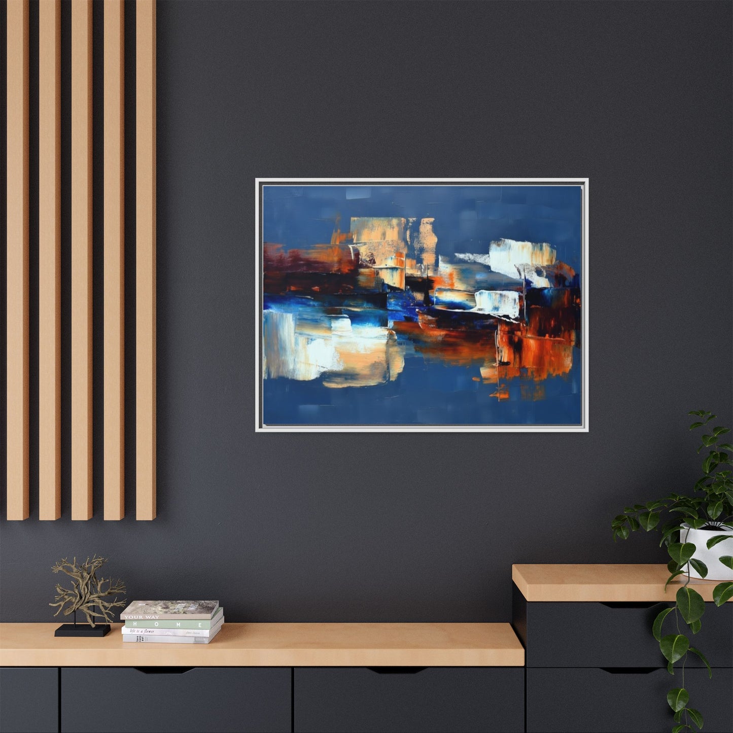 Abstract Blue & Rust Framed Canvas Art — Modern Matte Wall Painting