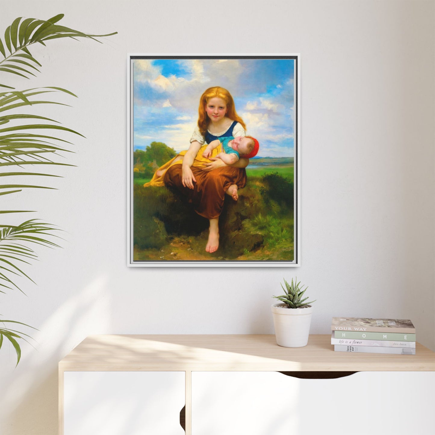 Young Girl Holding Sleeping Baby Canvas Print, Framed Wall Art