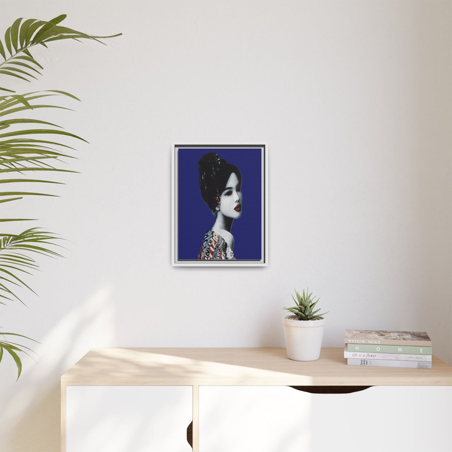 Framed Matte Canvas Art — Elegant Geisha Portrait on Deep Blue