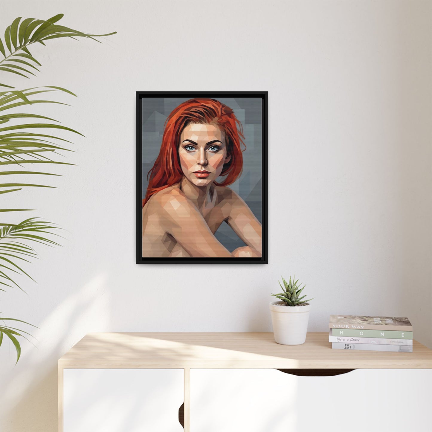 Framed Matte Canvas Portrait — Geometric Redhead Wall Art