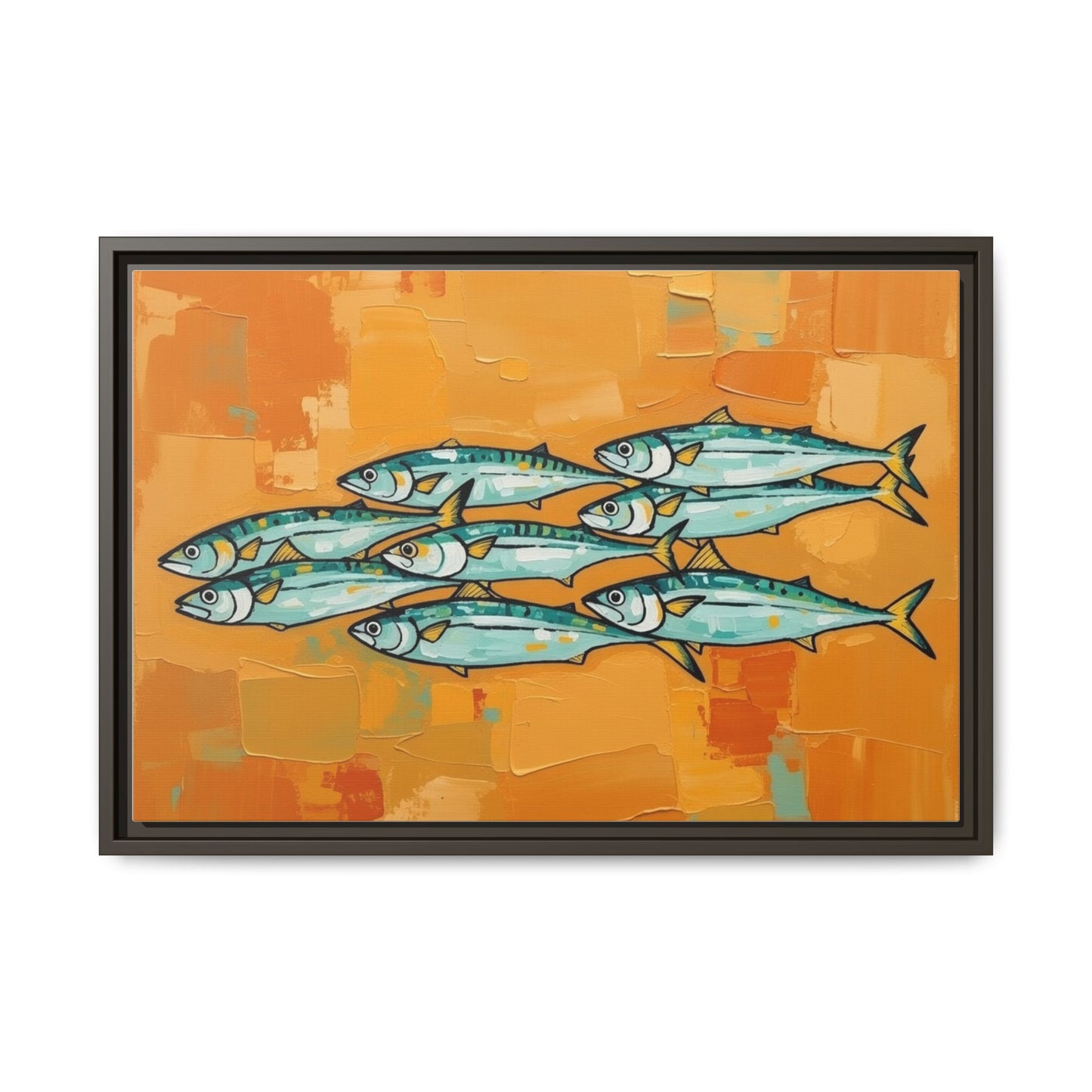 Framed Matte Canvas Print — School of Blue Fish on Orange Abstract Background