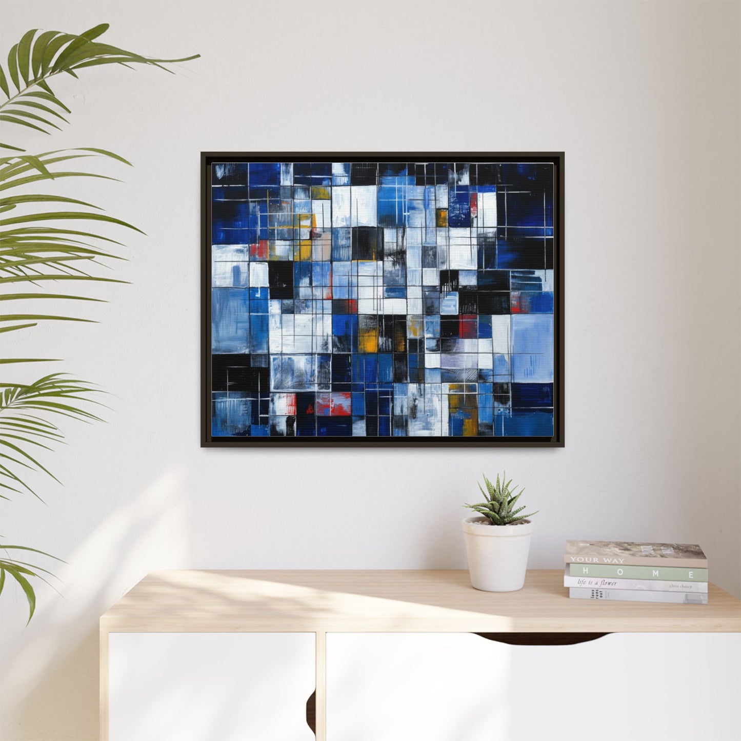 Abstract Blue Grid Matte Canvas Framed Art Print