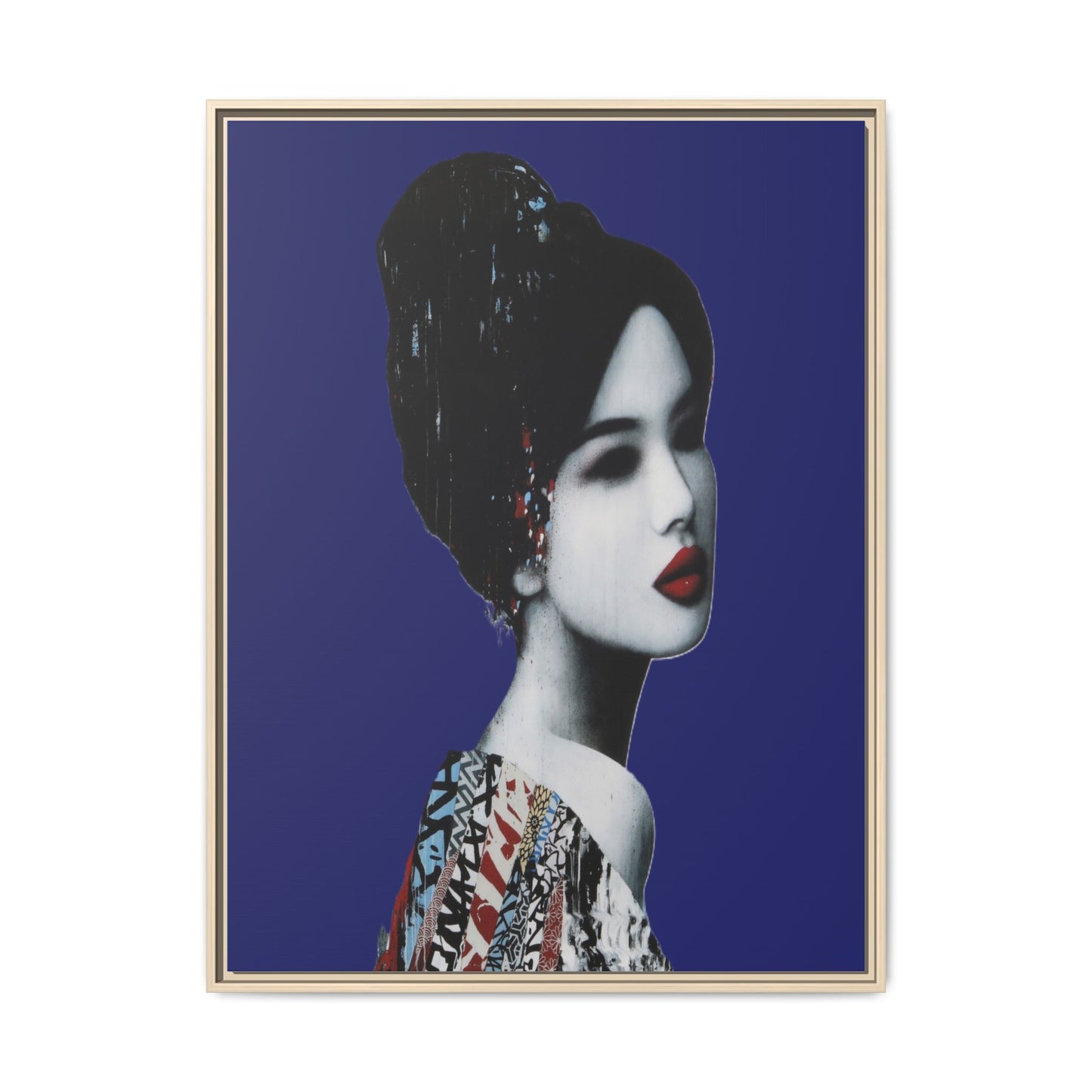 Framed Matte Canvas Art — Elegant Geisha Portrait on Deep Blue