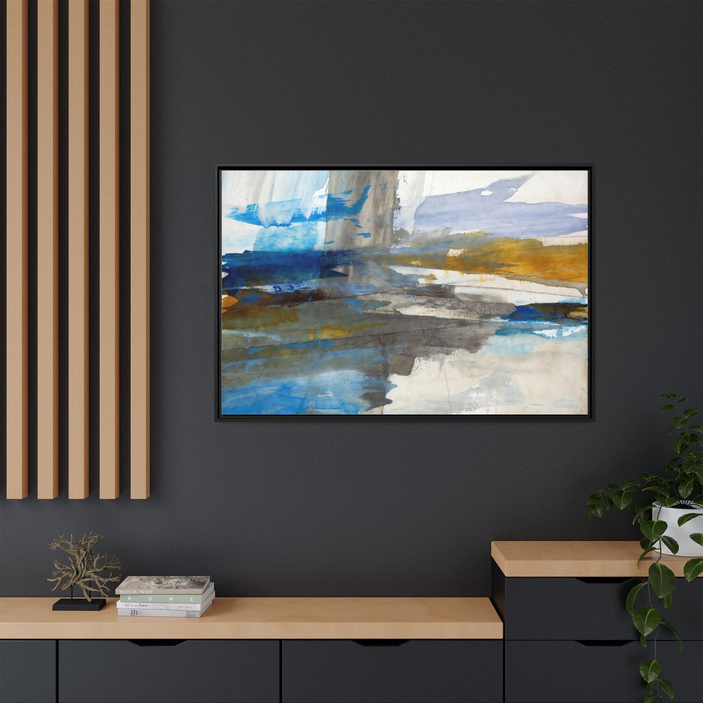 Abstract Blue & Gold Framed Canvas Art — Matte Multi-Color Wall Print
