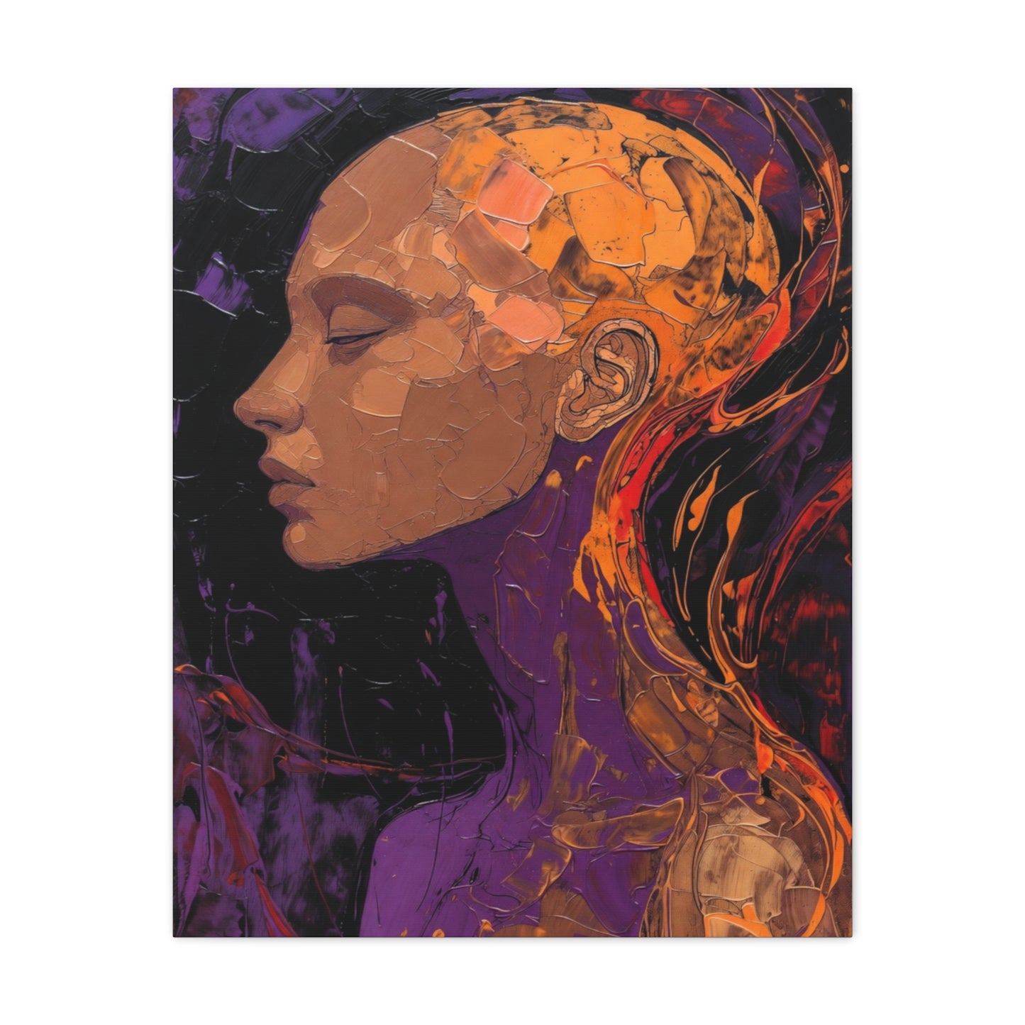 Abstract Portrait Canvas - Meditative Female Profile in Purple & Orange