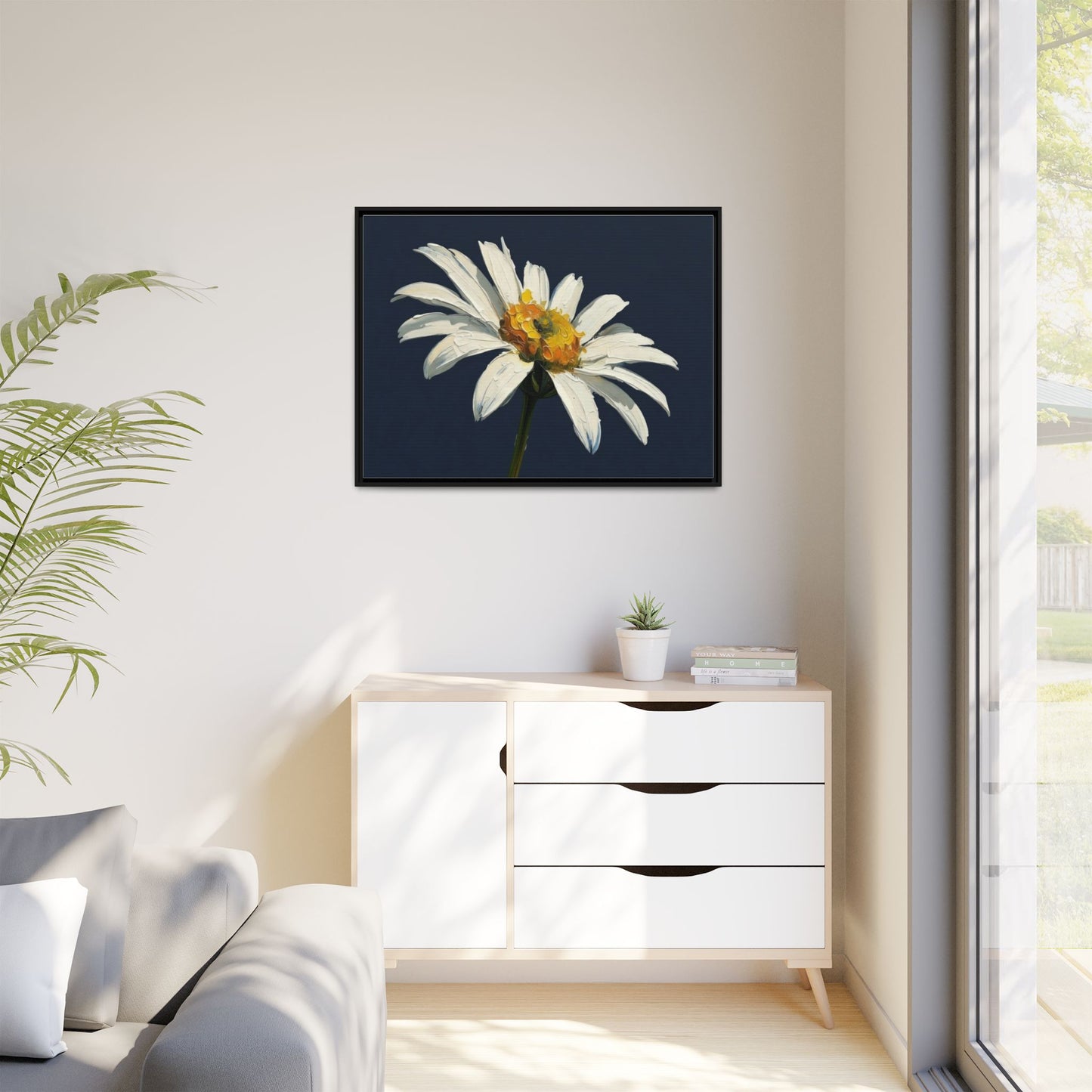 Framed Matte Canvas Daisy Wall Art — White Floral Painting on Navy