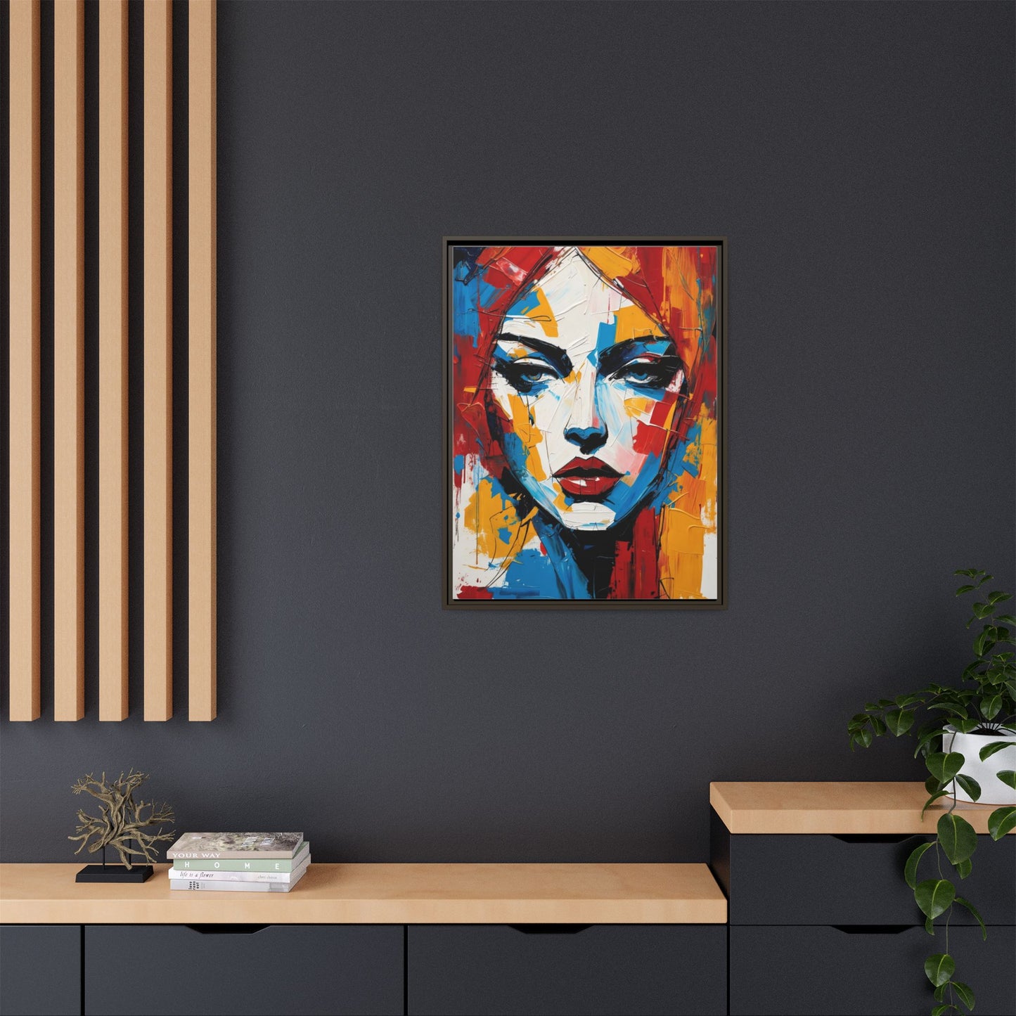 Framed Abstract Portrait Canvas — Colorful Female Face Wall Art