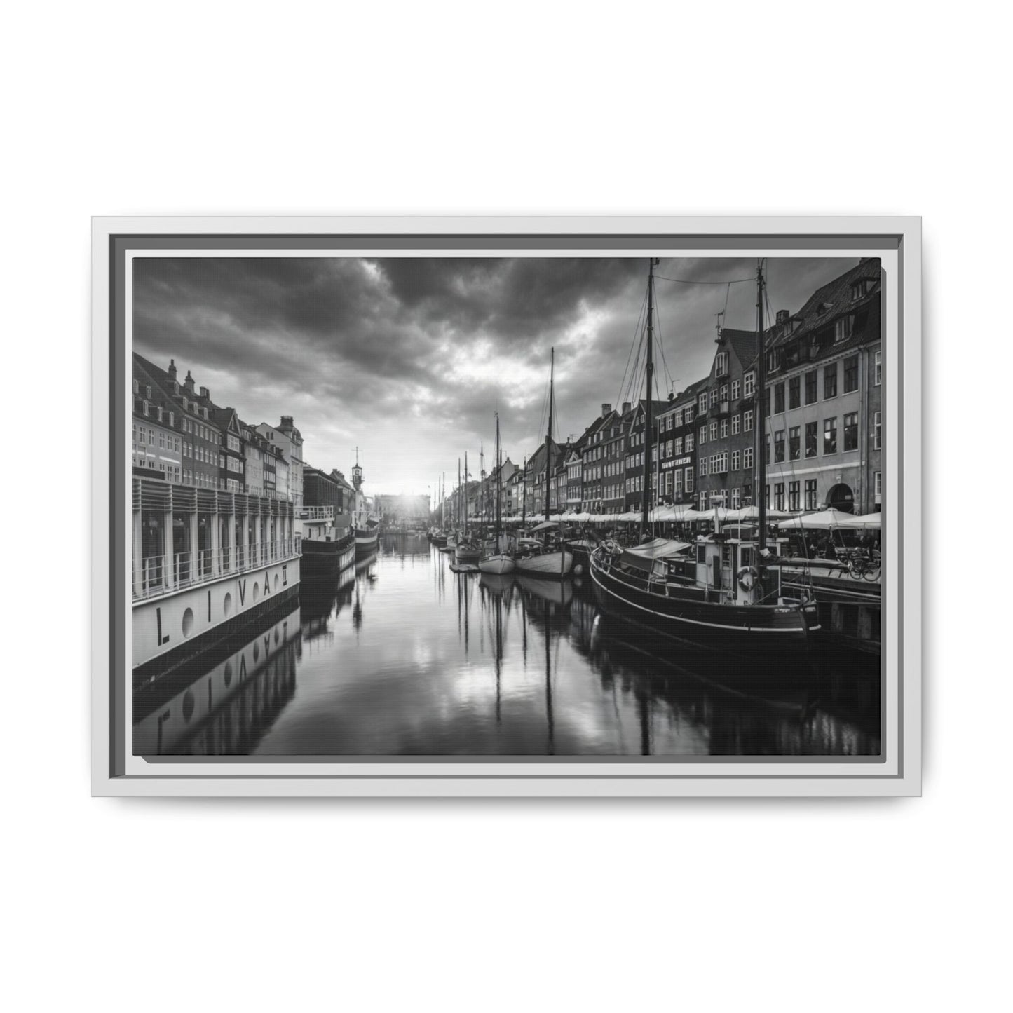 Framed Matte Canvas: Black & White Dutch Canal Photography Wall Art